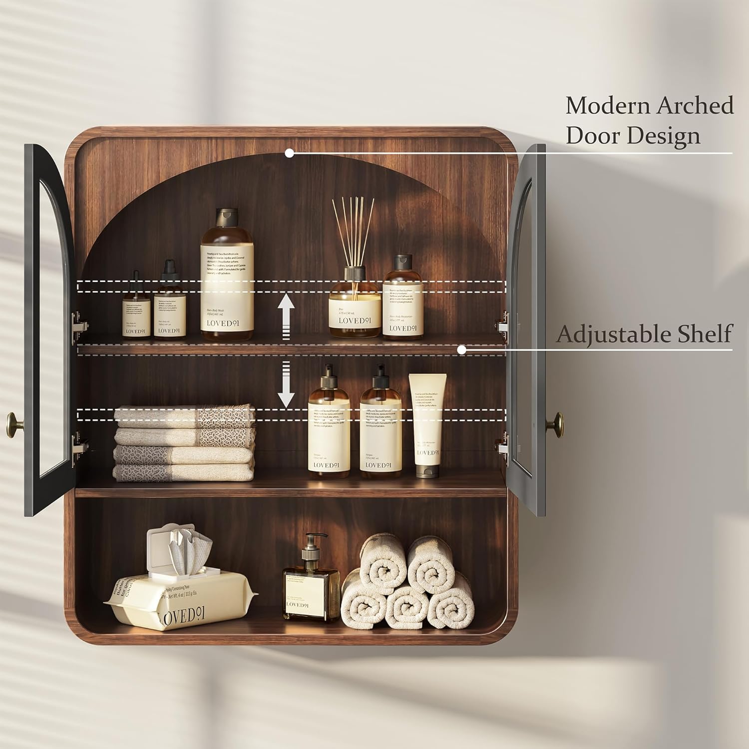 Bathroom Wall Cabinet, Medicine Cabinet Wall Mount with Arched Glass Doors & Adjustable Shelf, Bathroom Cabinet Over the Toilet Storage Cabinet for Laundry Room, Kitchen, Living Room