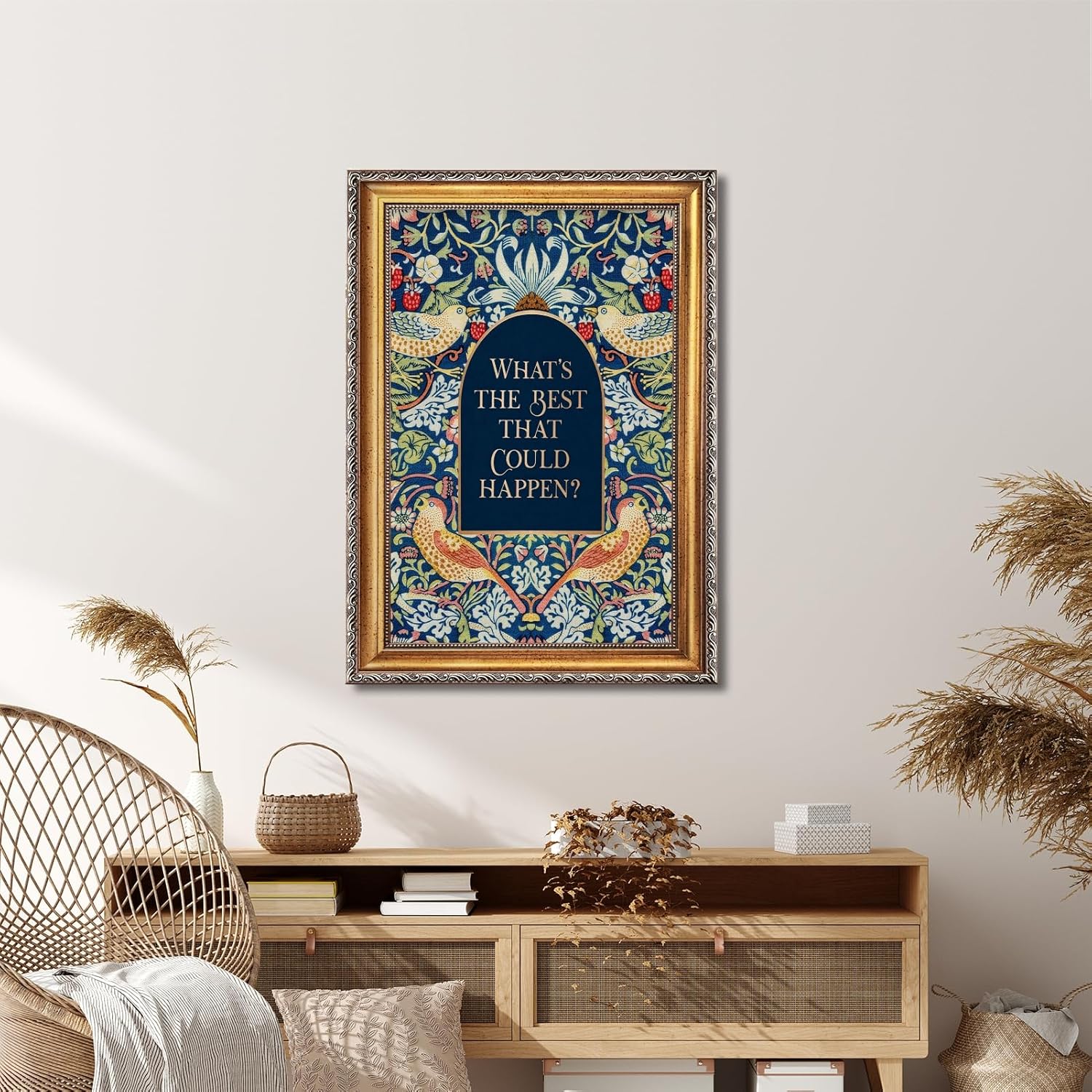 Vintage Gold Framed Inspirational Wall Art What's the Best That Could Happen Cavnas Poster Motivational Quote Positive Affirmation Floral Bird Encourage Painting Print Home Decor 12x16inch