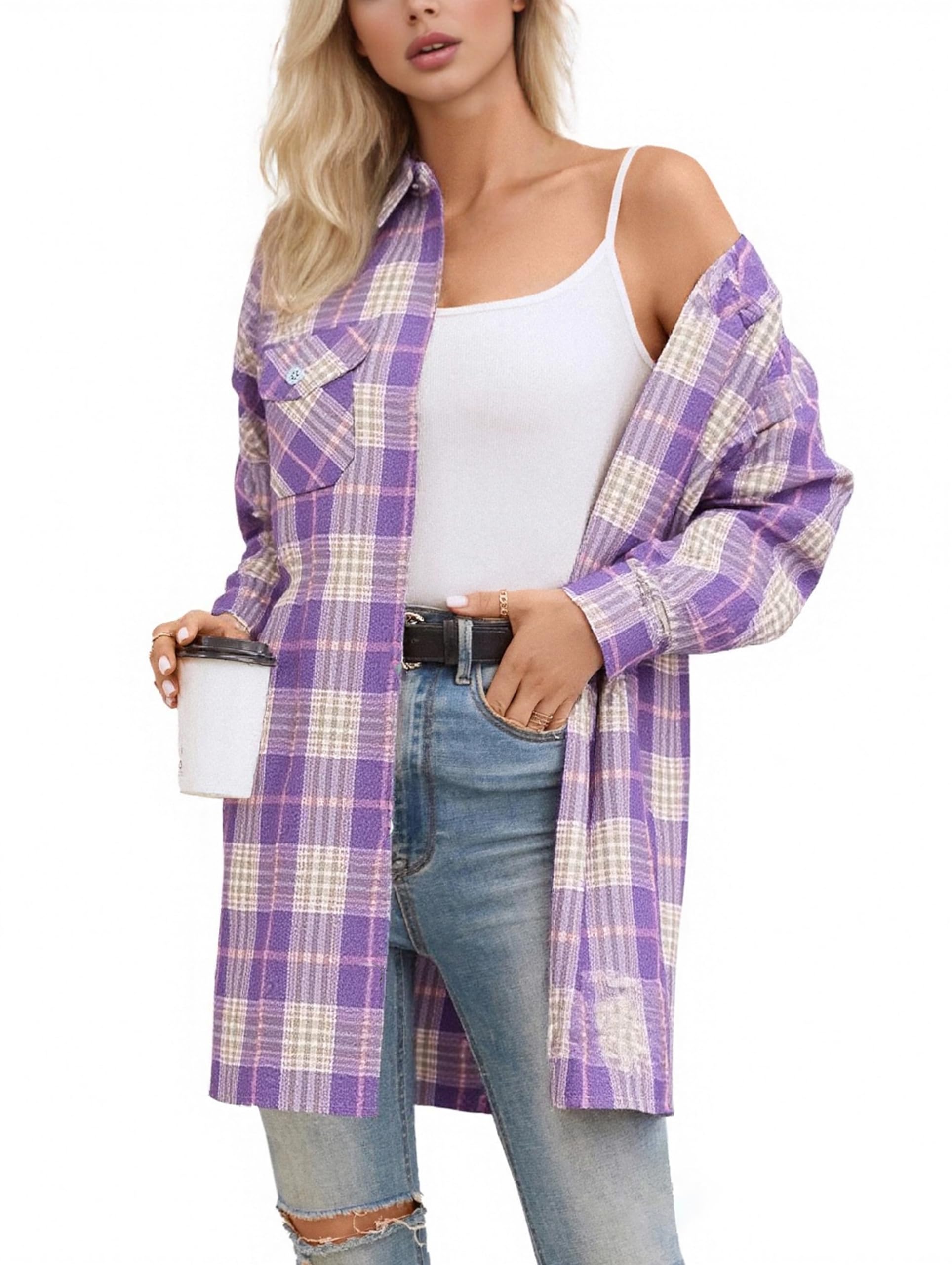 SANGTREE Women and Girls Oversized Flannel Plaid Shirt Mid-Length Casual Button Down Shirt with Pockets