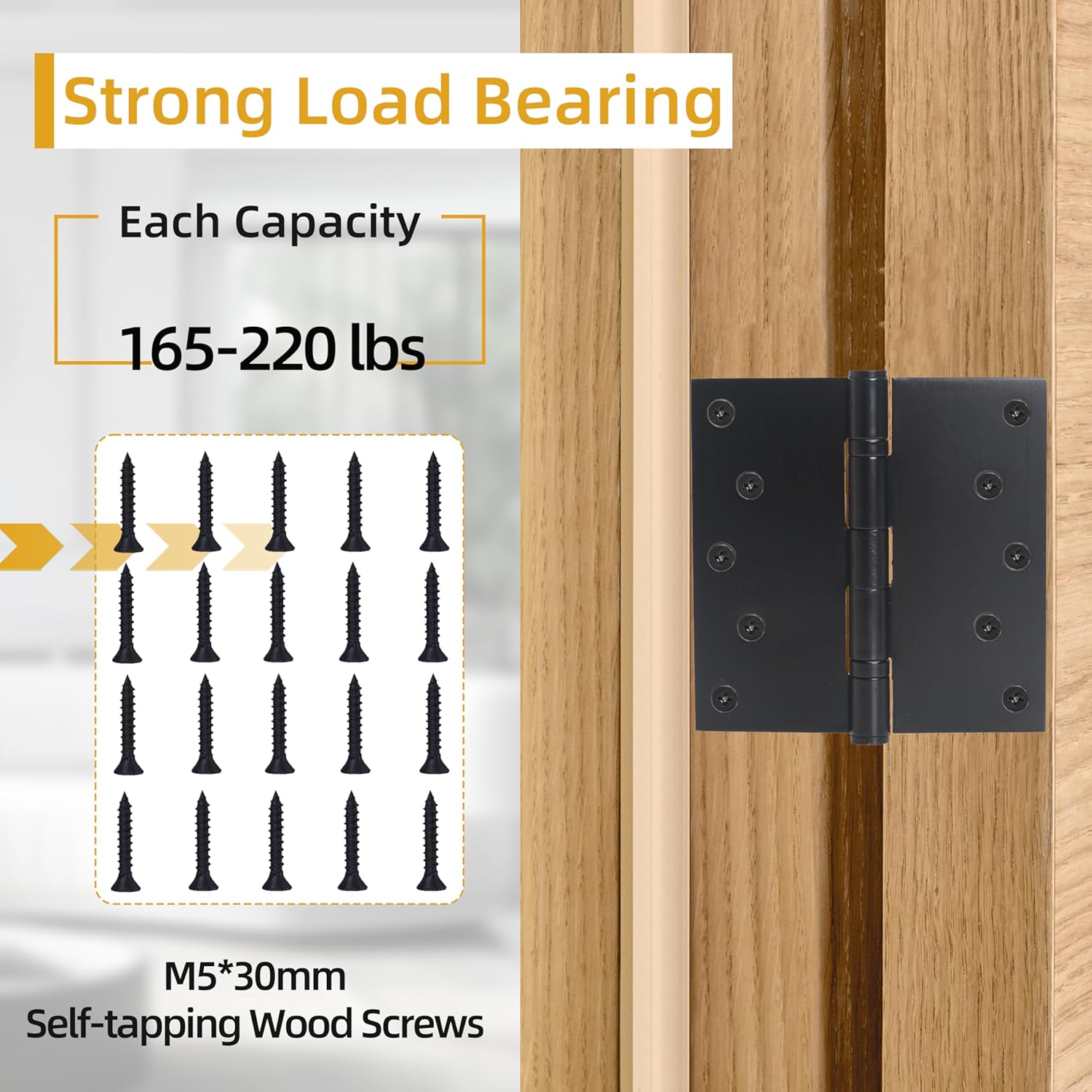 5 in * 5 in Hinges Heavy Duty Door Hinges up to 220 lbs, 201 Stainless Steel Black Hinges Ball Bearing, Thickness 3 mm Square Corners with 20 Screws, Non-Removable Pin (4 Pack)
