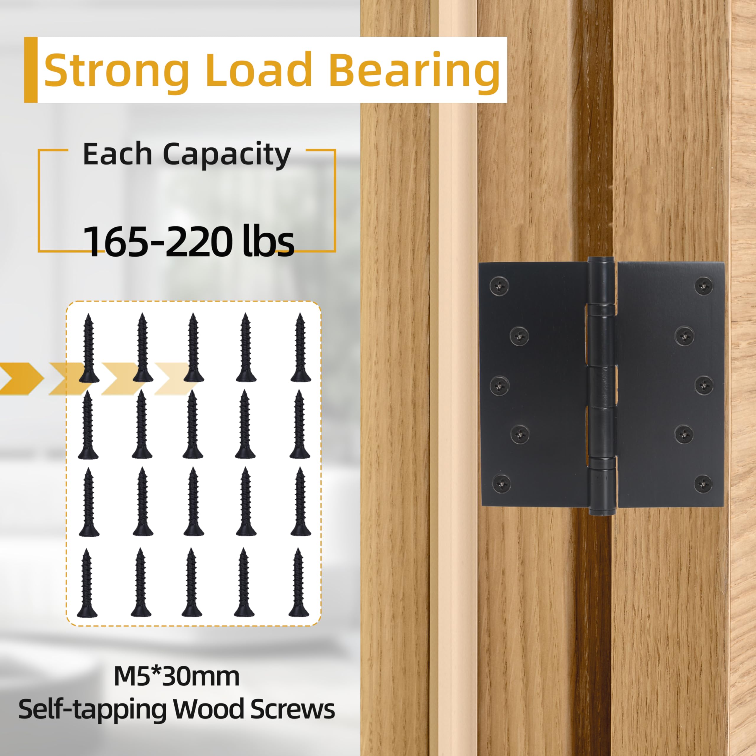 Bisagras de puerta resistentes de 5 x 5 pulgadas, bisagras de puerta de hasta 220 libras, bisagras negras de acero inoxidable 201, rodamiento de bolas, esquinas cuadradas de 3 mm de grosor con 20