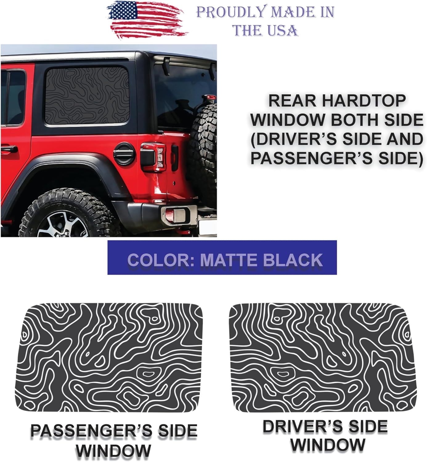 Compatible with Jeep Wrangler JL (4 Door) 2018 – 2026 | Precut Topographic Map Design Window Decals | Both Sides | Proudly Made in The US | Matte Black (Topographic)