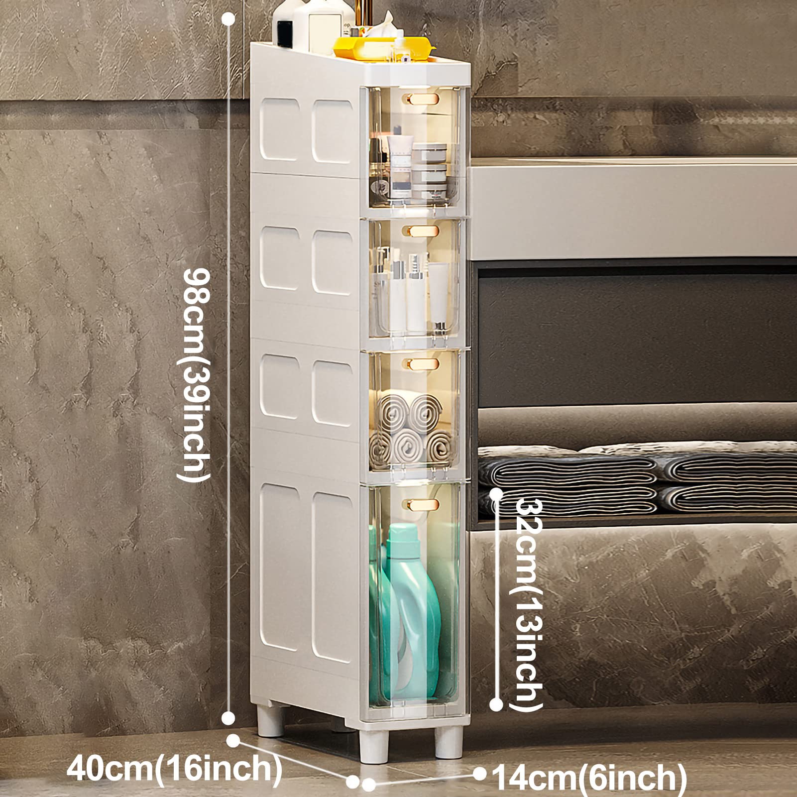 Armadietto da bagno alto e sottile, con cassetti in plastica e rotelle e porta carta igienica, cassettiera stretta a 3/4/5 ripiani, per piccoli spazi e spazi vuoti