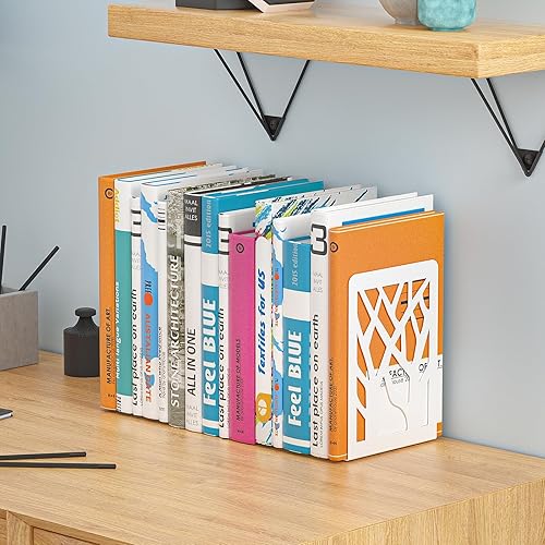 Miniatura 7 de Sujetalibros de metal blanco, 3 pares de extremos de libro para estantes, tapón de libro para familia, oficina y escuela, extremo de libro