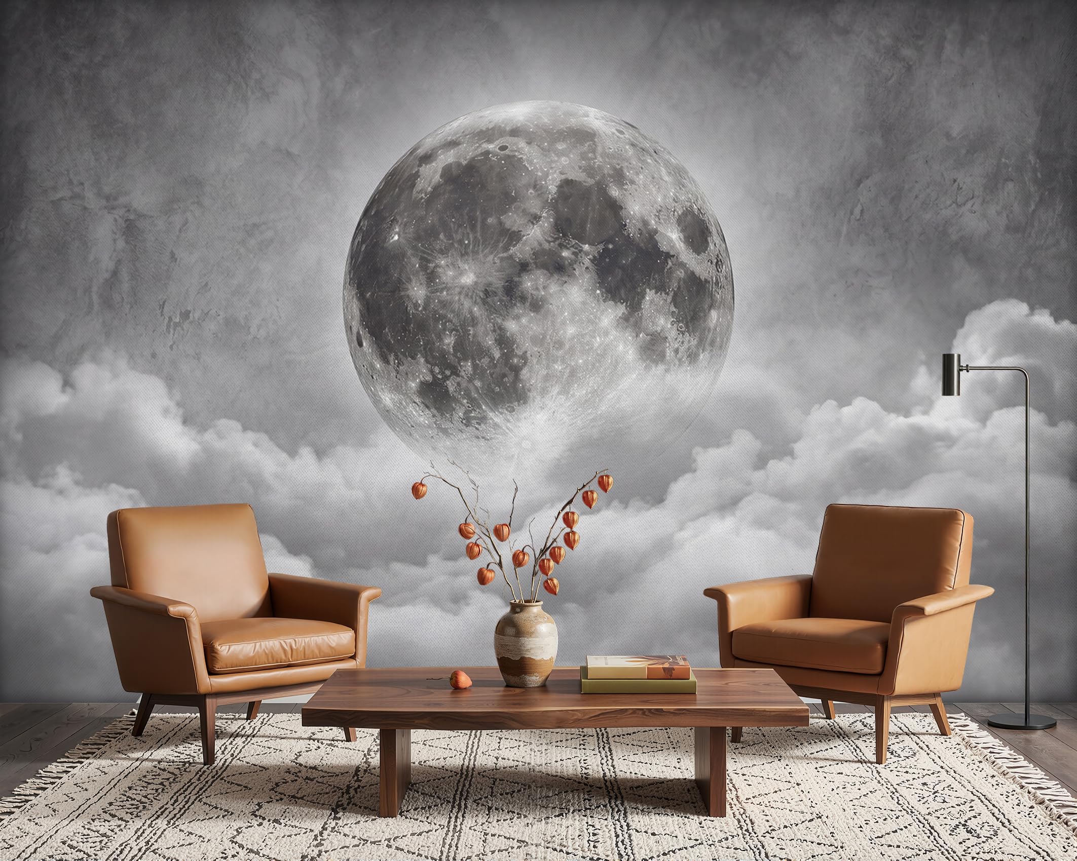 Fototapete 3D Vollmond Wolken Tapete Grau Betonoptik Tapeten Vliestapete Modern Wandtapete Wohnzimmer Schlafzimmer Kinderzimmer Wanddeko Motivtapeten350 x 256 cm (B x H)