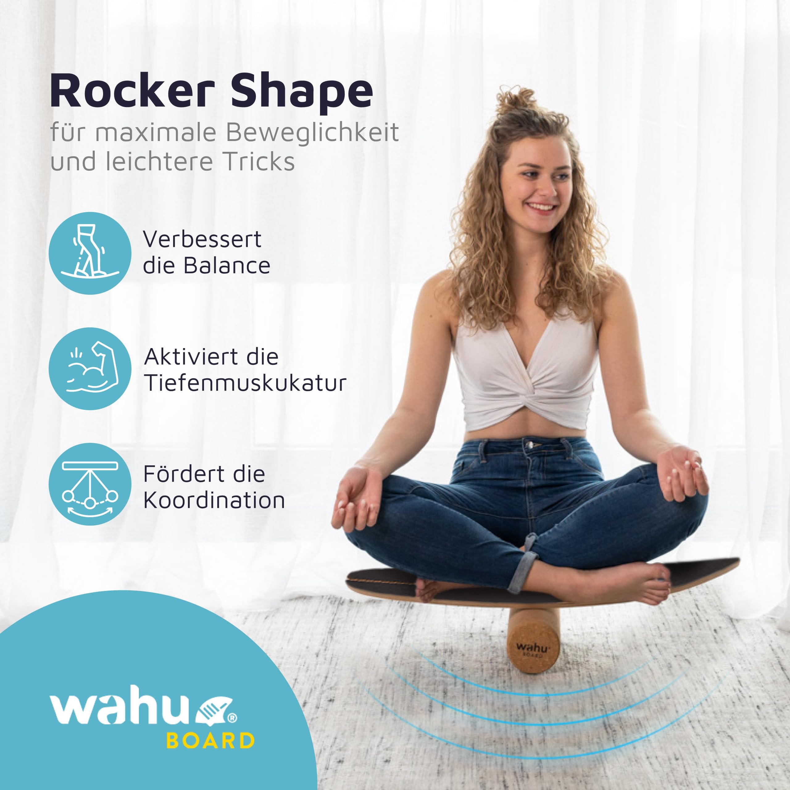 WAHU Balance Board Black Schwarz | 3in1 Set | Surf Balance Board aus 100% Holz mit Rocker Shape & Rolle | Gleichgewichtstrainer für Kinder & Erwachsene | Fitness & Spaß Zuhause