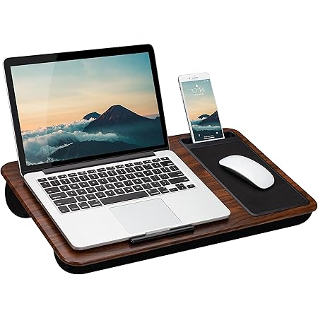 LAPGEAR Home Office Lap Desk with Device Ledge, Mouse Pad, and Phone Holder - Espresso Woodgrain - Fits up to 15.6 Inch Laptops - Style No. 91575