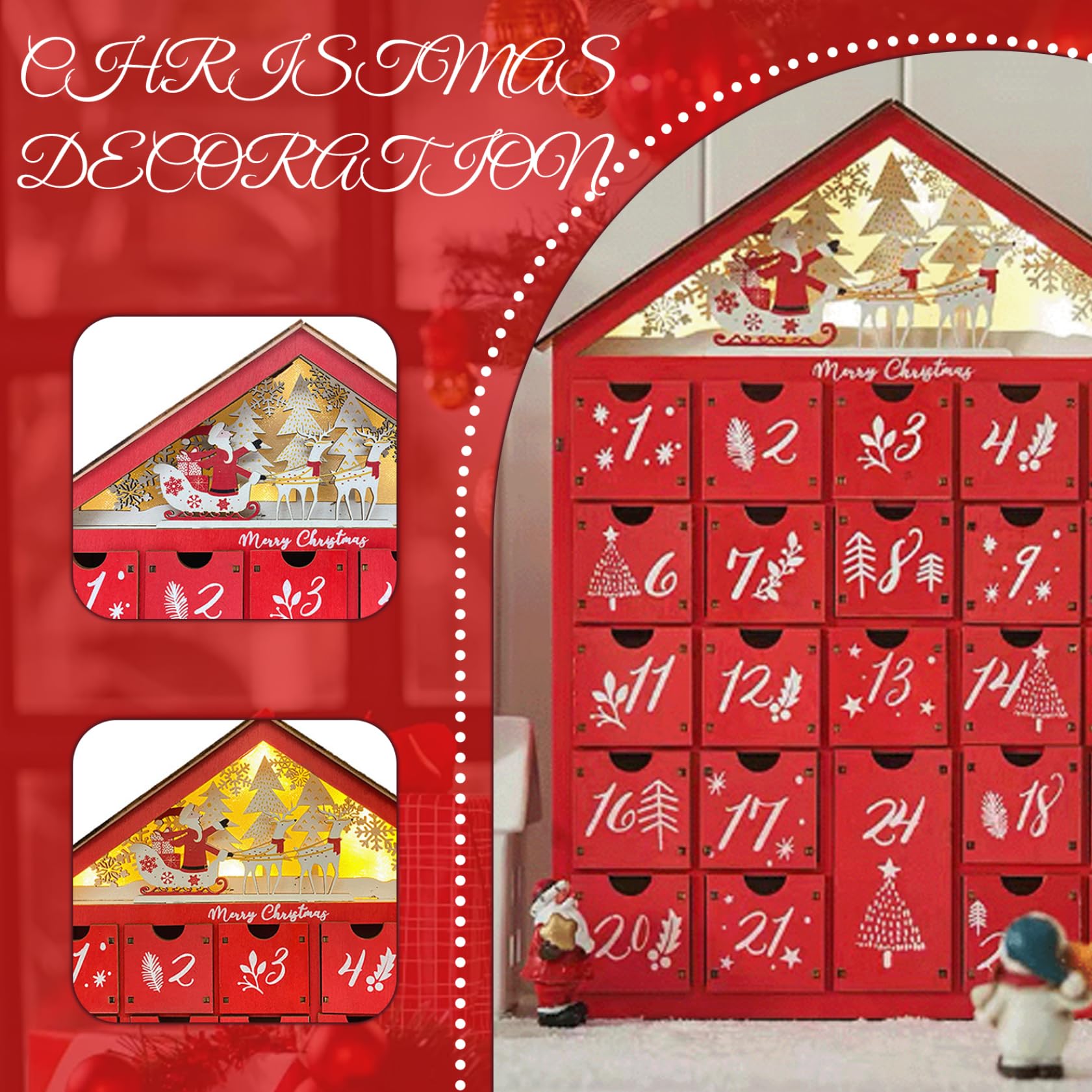 Decorazioni natalizie Calendario dell'avvento natalizio con 24 cassetti di stoccaggio calendario Avvento in legno con albero e case fai -da -te per adulti per bambini decorazioni