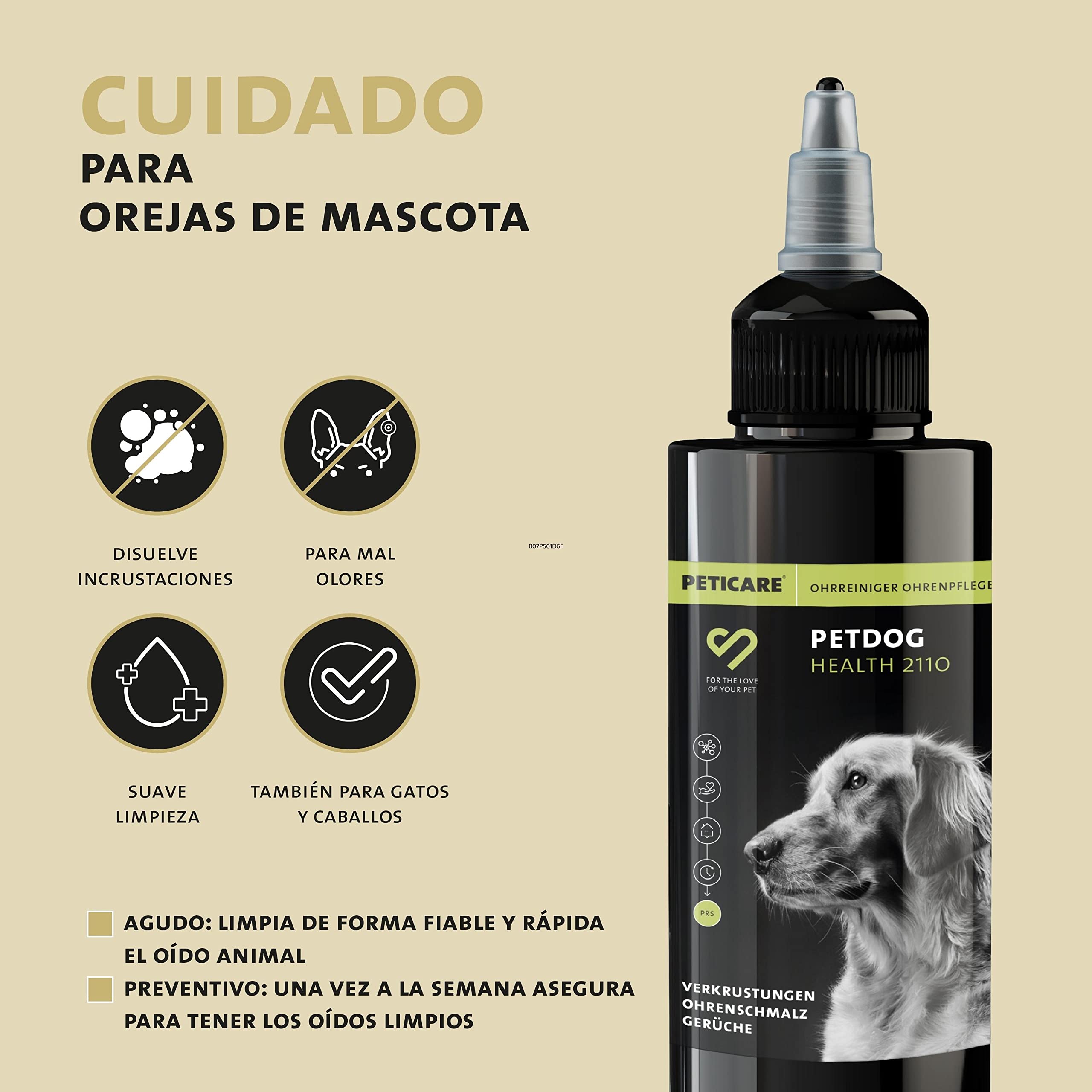 Peticare Limpiador de oídos para Perros y Gatos - Gotas para el Cuidado de los oídos, Limpia a Fondo, para el Mal Olor, disuelve Las Incrustaciones - petAnimal Health 2110