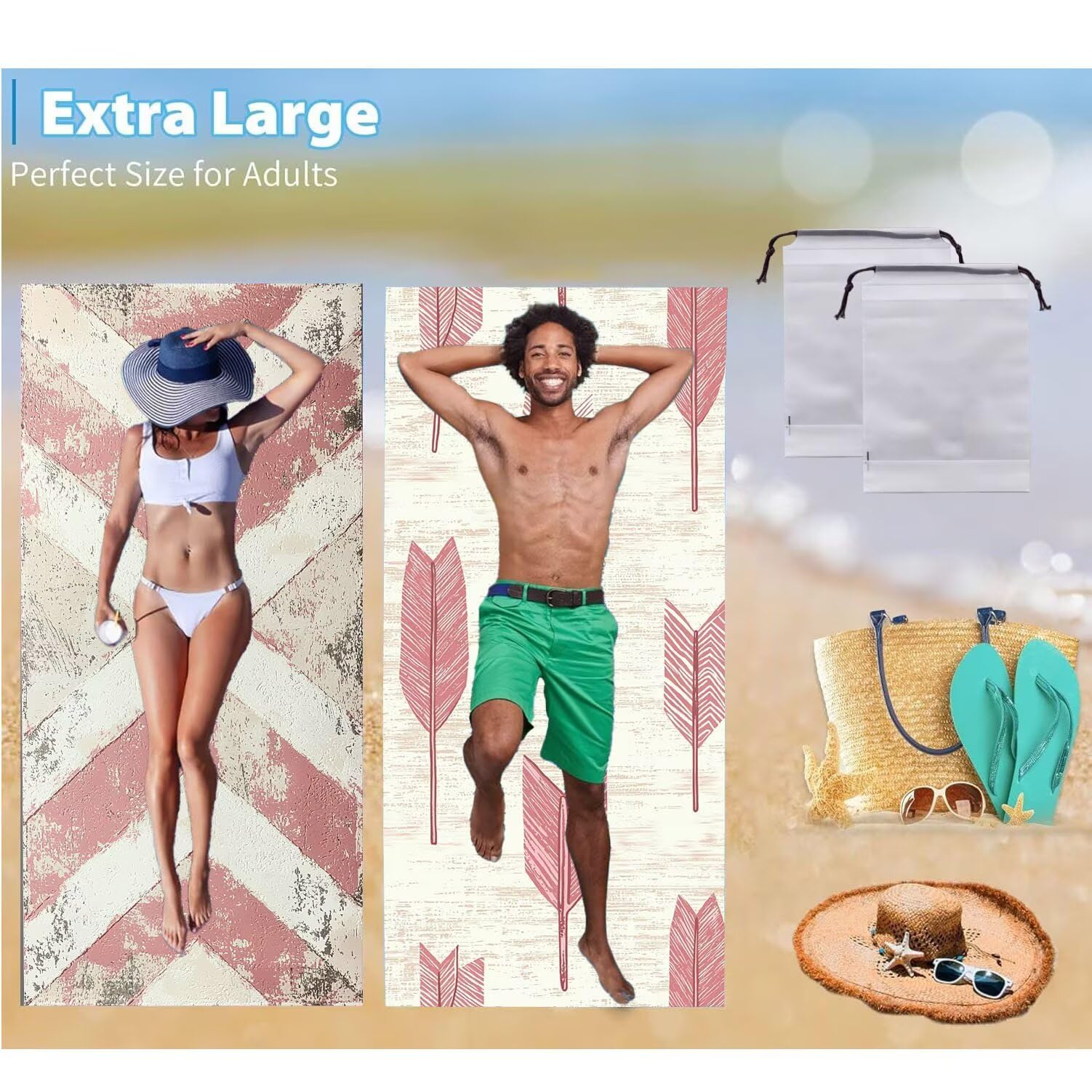 Ręcznik plażowy xxl 2 opakowania Duży ręcznik plażowy z mikrofibry 80 x 160 cm odporny na piasek, szybkoschnący, chłonny ręcznik kąpielowy, letni prezent dla kobiet (różowy prostota) B-266