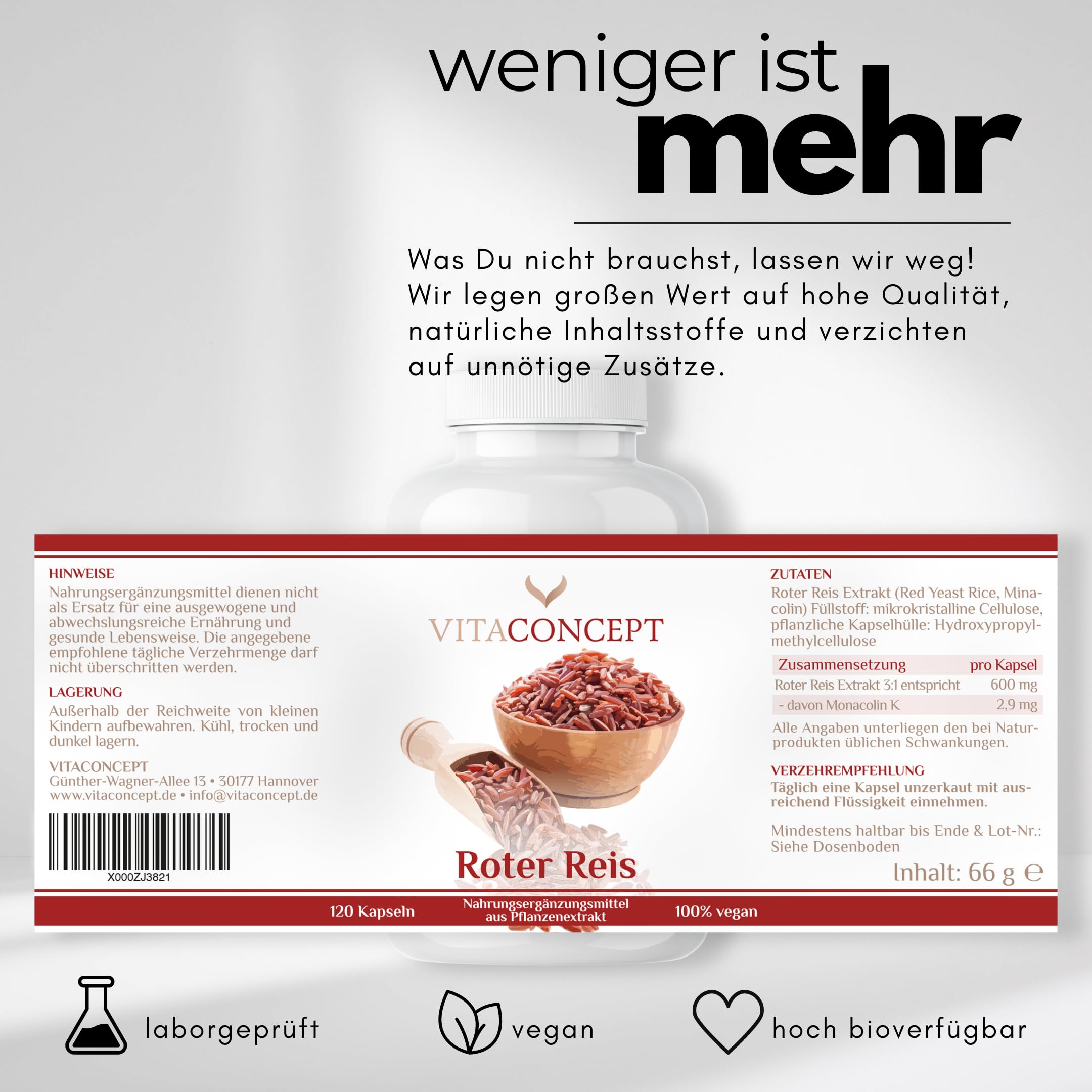 Vitaconcept | Fermentierter Roter Reis 600mg | 120 Kapseln | vegan | Roter Reis Extrakt 3:1 hochdosiert Red Rice mit Monacolin K | laborgeprüft | Monascus purpureus
