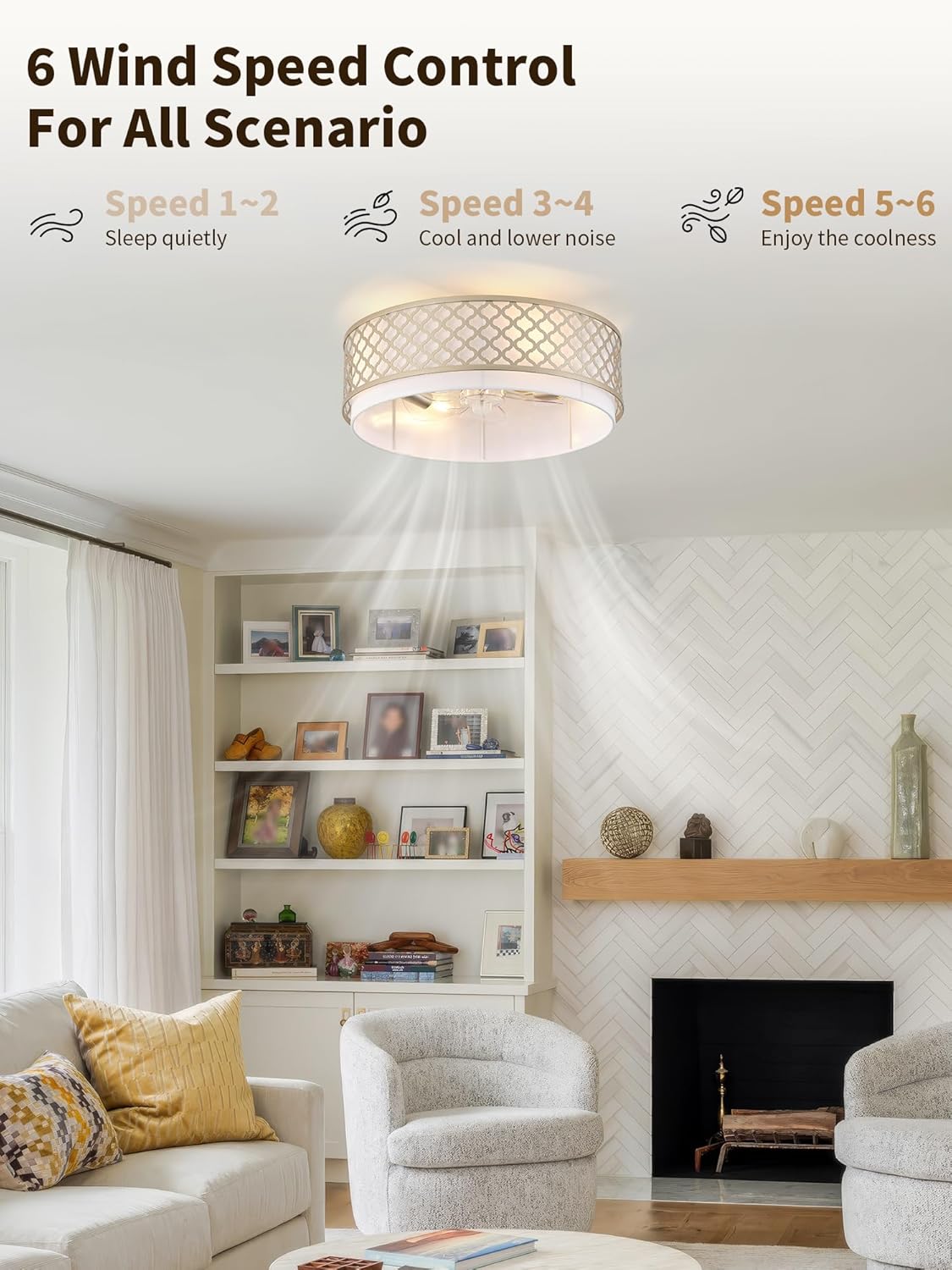 20" Gold Flush Mount Ceiling Fan with Light, Boho Ceiling Fans with Lights, Enclosed with Remote Control 6 Speeds for Living Room, Bedroom, Nursery