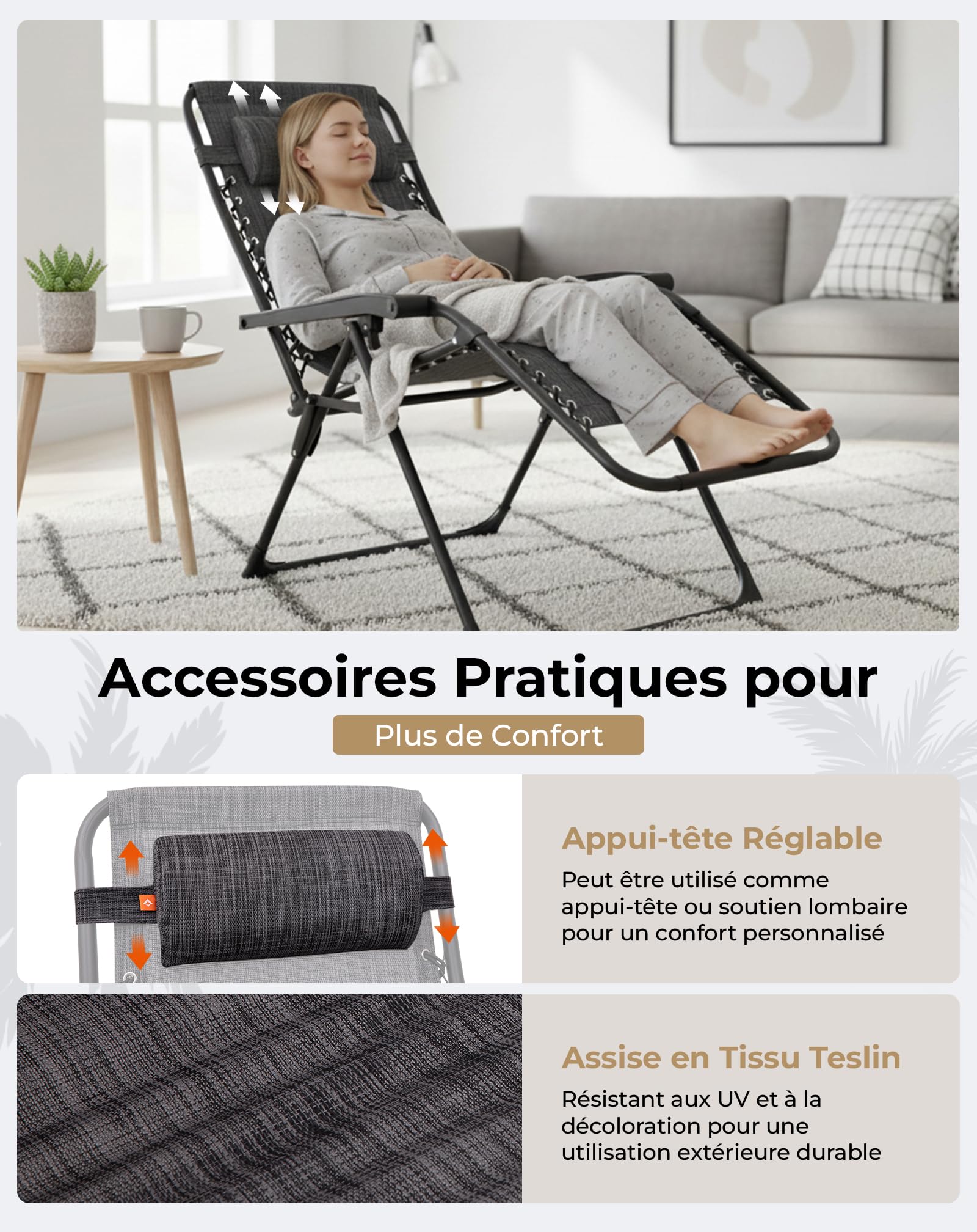 KingCamp Chaise Longue Gravité Zéro Inclinable, Jusqu'à 180 kg, Lot de 2 | Fauteuil Relax avec Appui-tête, Transat Longue de Jardin Réglable 90-130°, Textilène et Acier, pour Piscine Camping Jardin