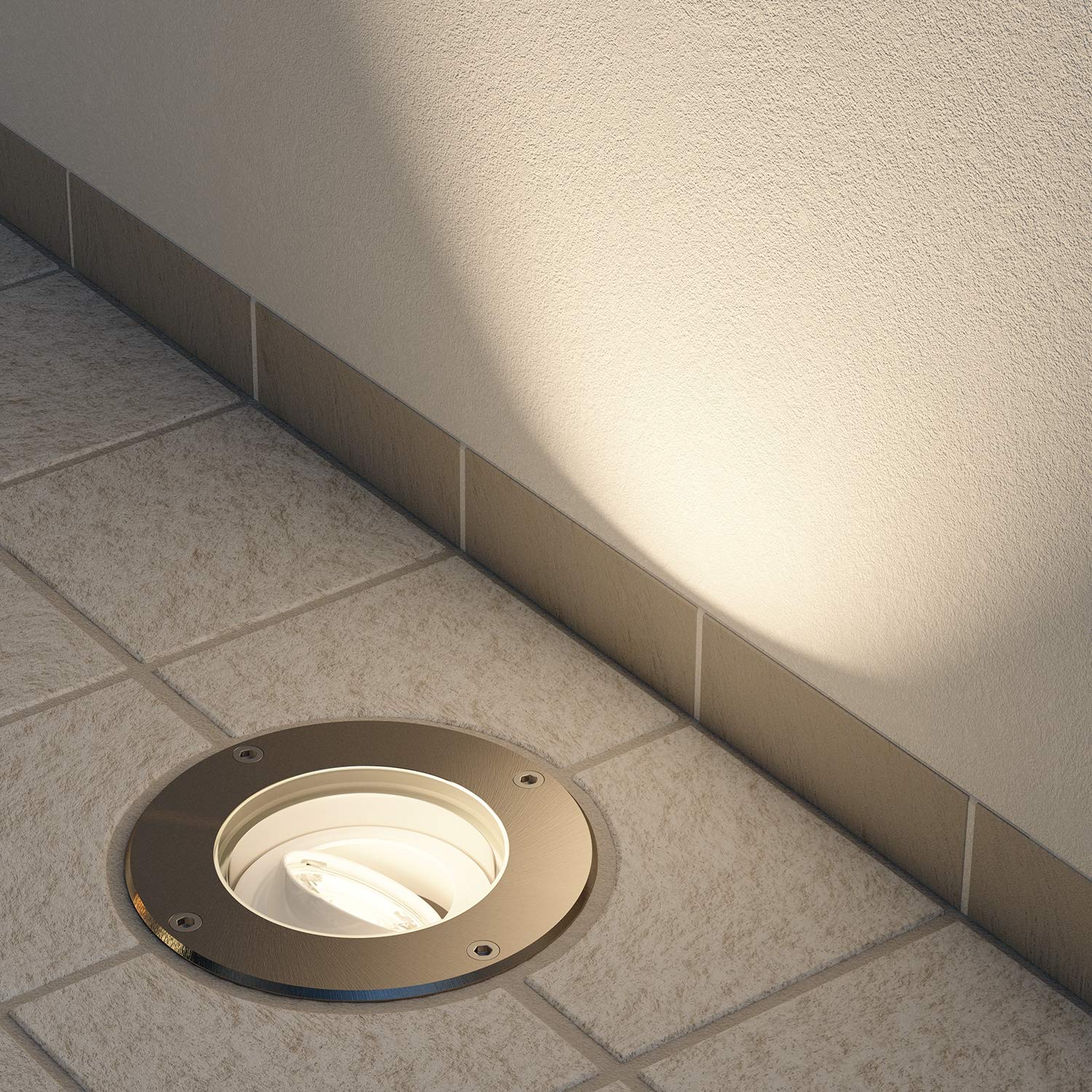 ledscom.de Boden-Einbauleuchte BOFU für außen schwenkbar Edelstahl rund IP67 150mm Ø + LED Lampe warmweiß 3-Stufen Dimmen: max 500lm