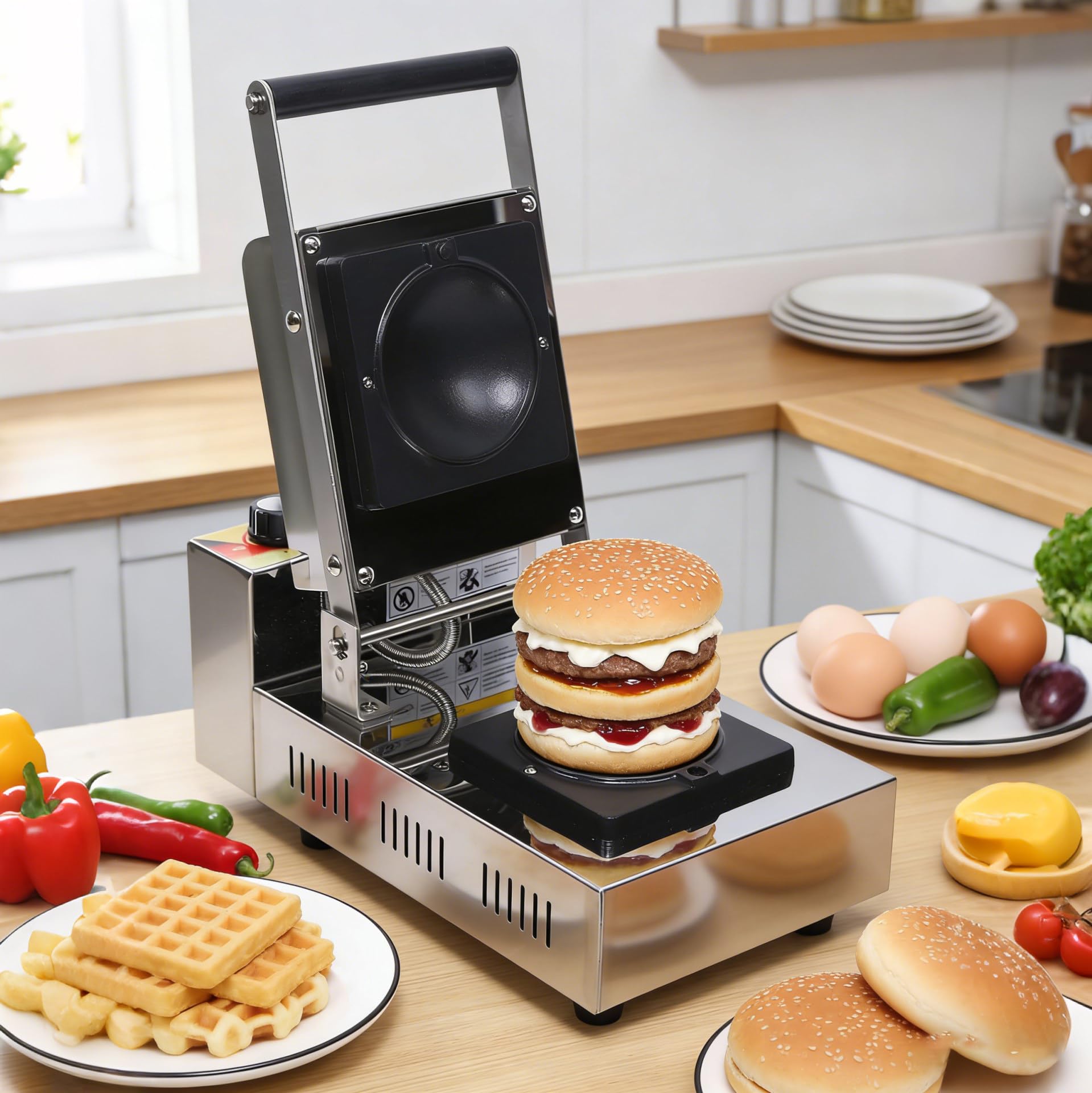 Komercyjna Elektryczna Prasa do Burgerów z Zgrzewaniem - Wszechstronne Urządzenie Działające jako Prasa do Hamburgerów i Wafelnic do Lodów z Regulowaną Patelnią Nieprzywierającą 50-300°C