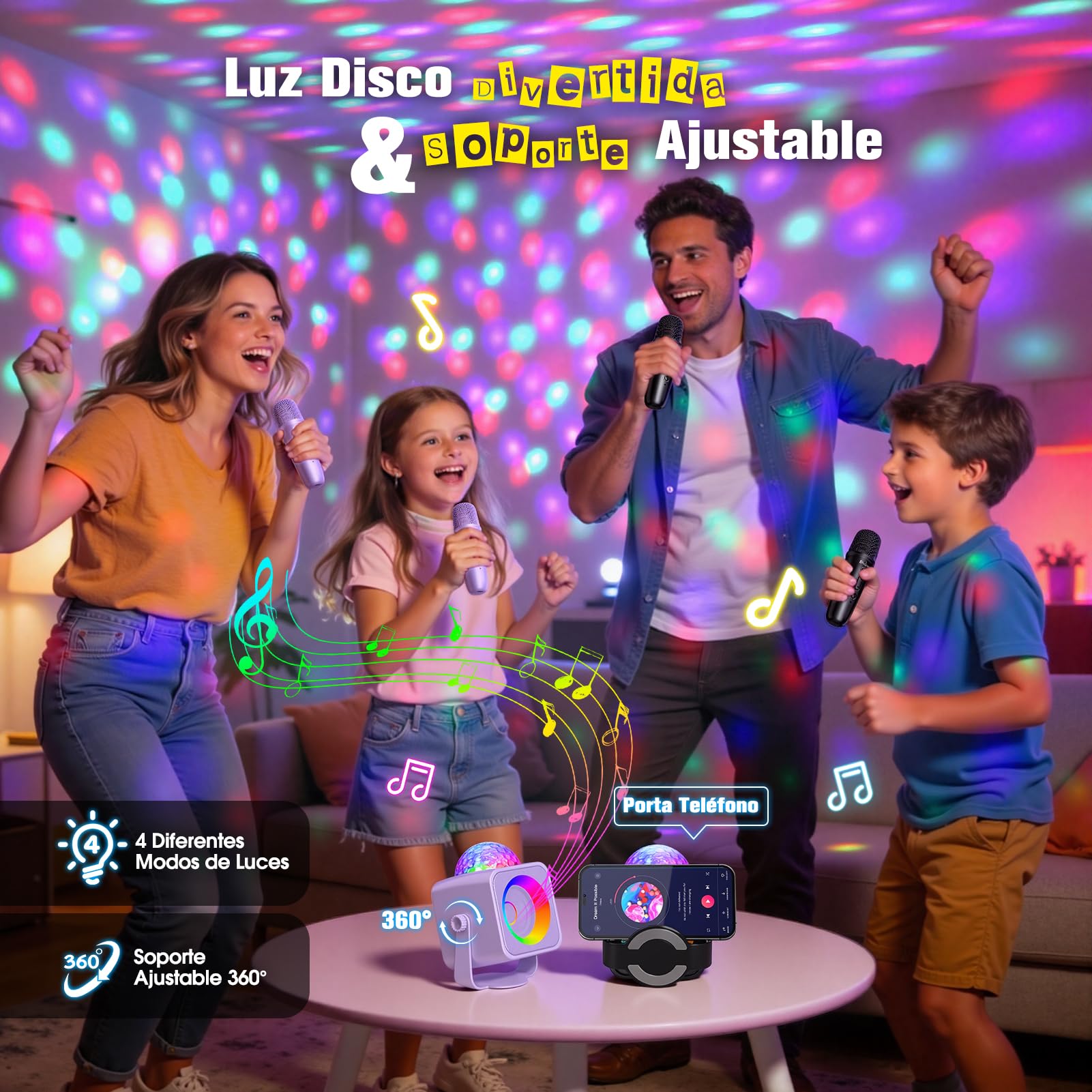 Dislocati Karaoke Infantil 2 Microfonos Inalambricos, Regalo Niña 4 5-15 Años Karaoke Infantil Juguetes Niñas 3-15 Años Equipo de Karaoke Portátil con Bola de Luces de Discoteca y Soporte Desmontable