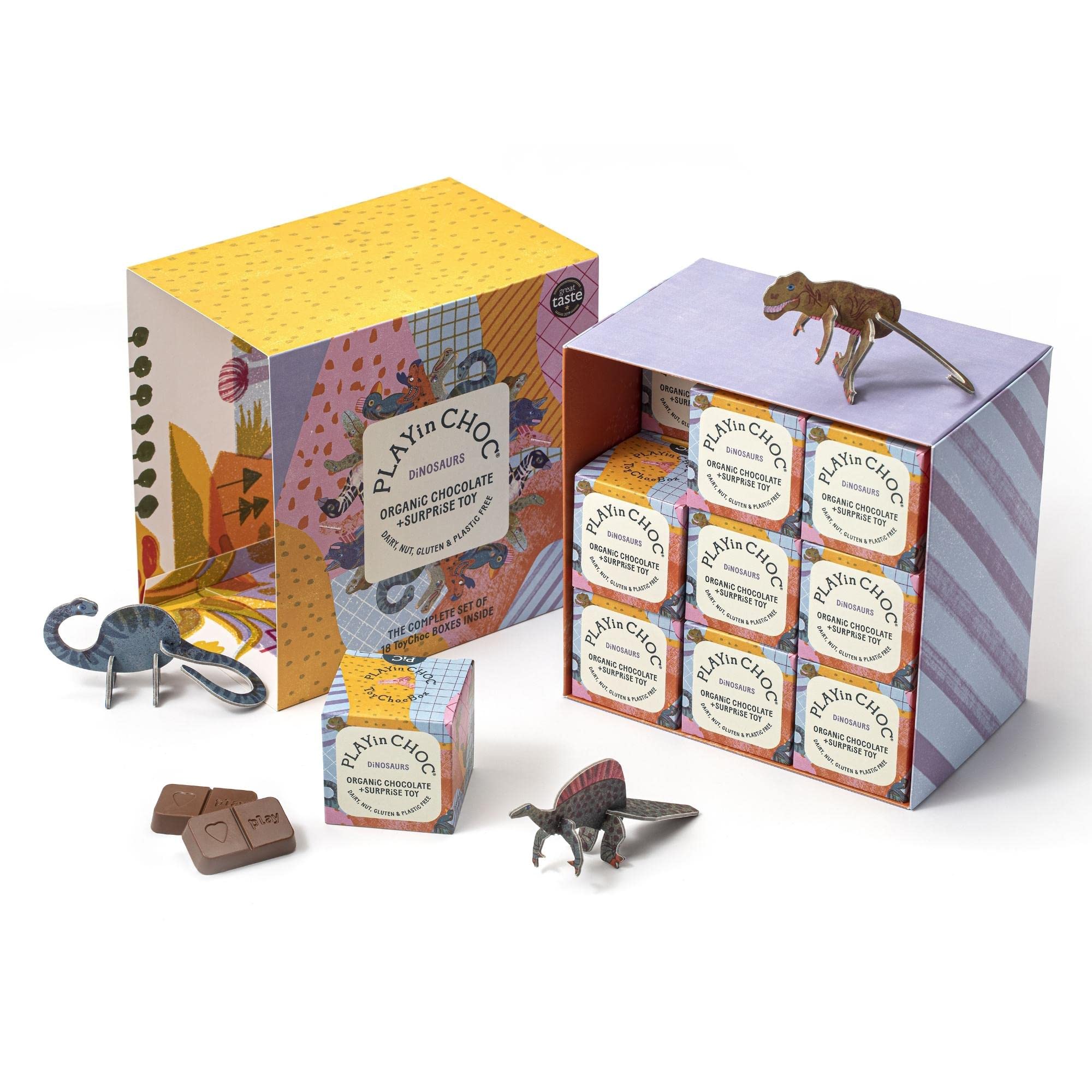 PLAYin CHOCToyChoc Box Dinosaurs (18 boxes), Organic Vegan Kids Chocolate Gift Box with Surprise 3D Puzzle Toy, Gluten, Nut & Dairy Free Chocolate, Award Winning Vegan UK ChocolatierSoil AssociationSoil AssociationSoil Association