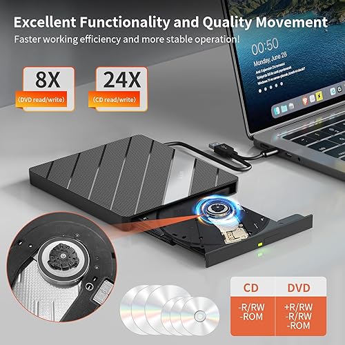Miniatura 4 de Alxum External CD DVD Drive for Laptop, 8 in 1 Portable CD DVD Burner Rewriter with Multiple Ports Support Faster Transfer Speed CD 8X DVD 24x for