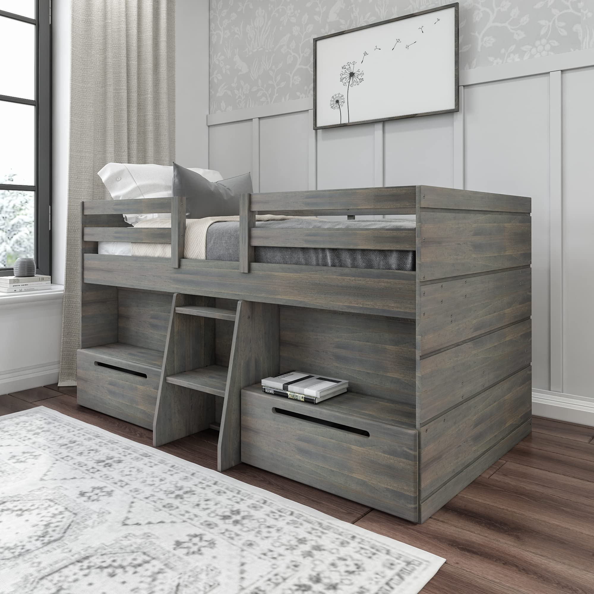 Max & LilyModern Farmhouse Low Loft Bed with 2 Drawers, Twin, Driftwood