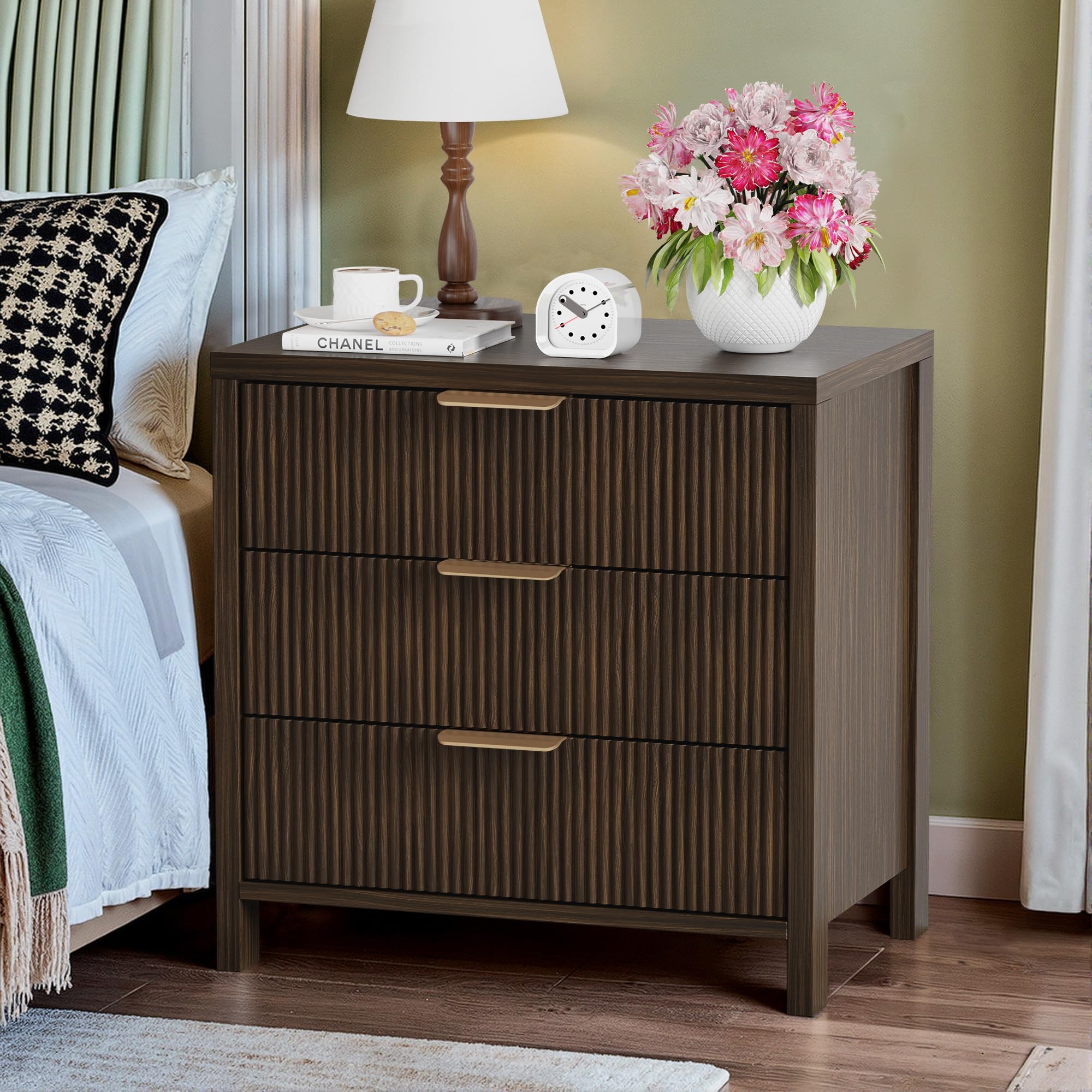 Fluted Nightstand, 23.7'' Wide Night Stand with 3 Drawers, Mid-Century Modern Bedside Table with Handles, Wood End Table for Bedroom, Brown