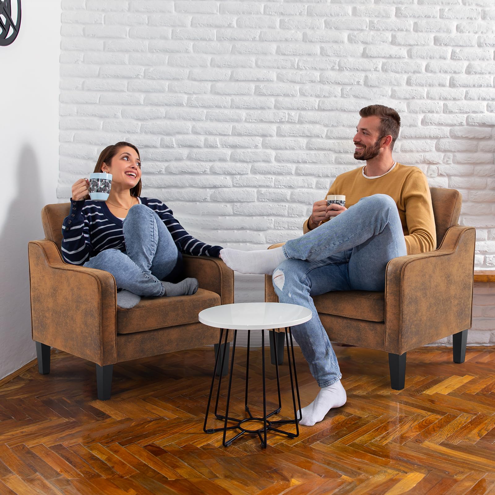 Bonnlo Fauteuil Élégant, Canapé 1 Place Moderne du Milieu du Siècle, Chaise de Lecture Confortable avec Accoudoirs Incurvés, Canapé Rembourré en Chenille, pour Salon, Chambre (1, Marron Vintage)