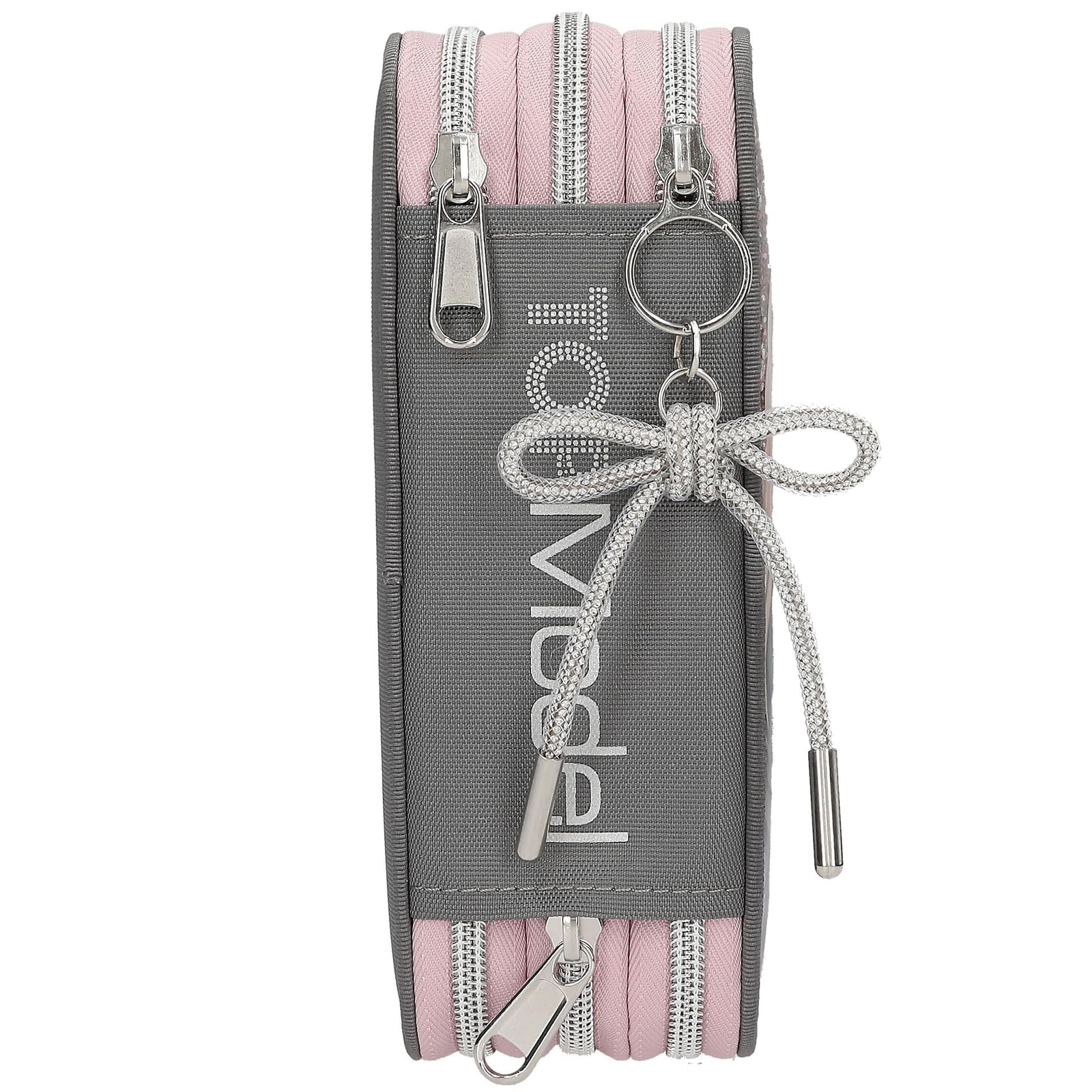 Depesche 13315 TOPModel My BFF - Estuche de 3 Compartimentos en Gris y Rosa, con Motivo de Modelo y Purpurina, Estuche con lápices de Colores, Tijeras, Regla y Mucho más.