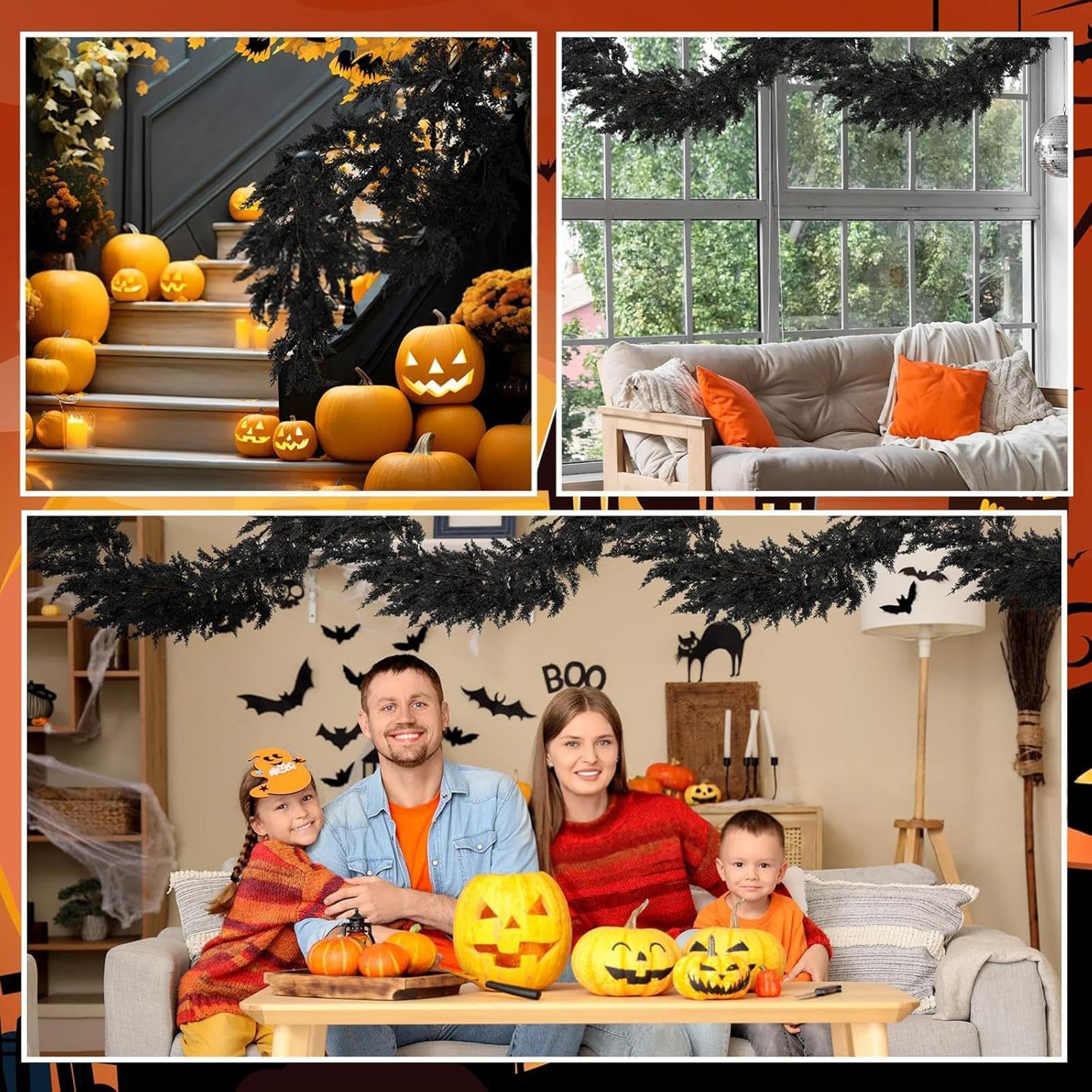 Girlanda halloweenowa na kominek, gałązka winorośli, sezonowy wiszący rekwizyt na werandę, drzwi, okno, podwórko, realistyczny projekt sceny do świątecznej dekoracji domu