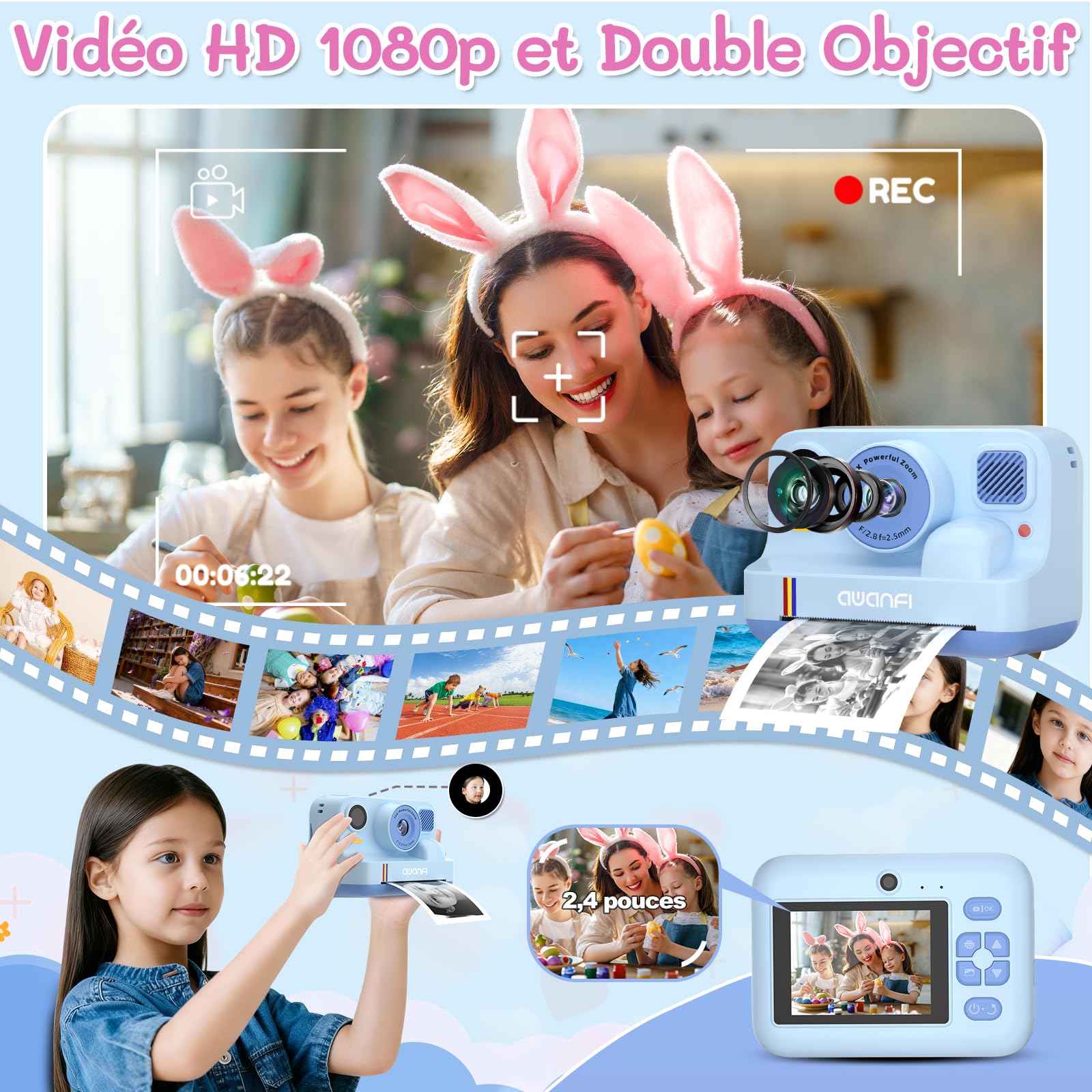 Appareil Photo Instantané Enfant Cadeau Jouet Fille Garçon 3-12 Ans, AWANFI Caméra Numérique Vidéo 1080P Carte 32GB avec 3 Rouleaux de Papier et Impression APP Bluetooth