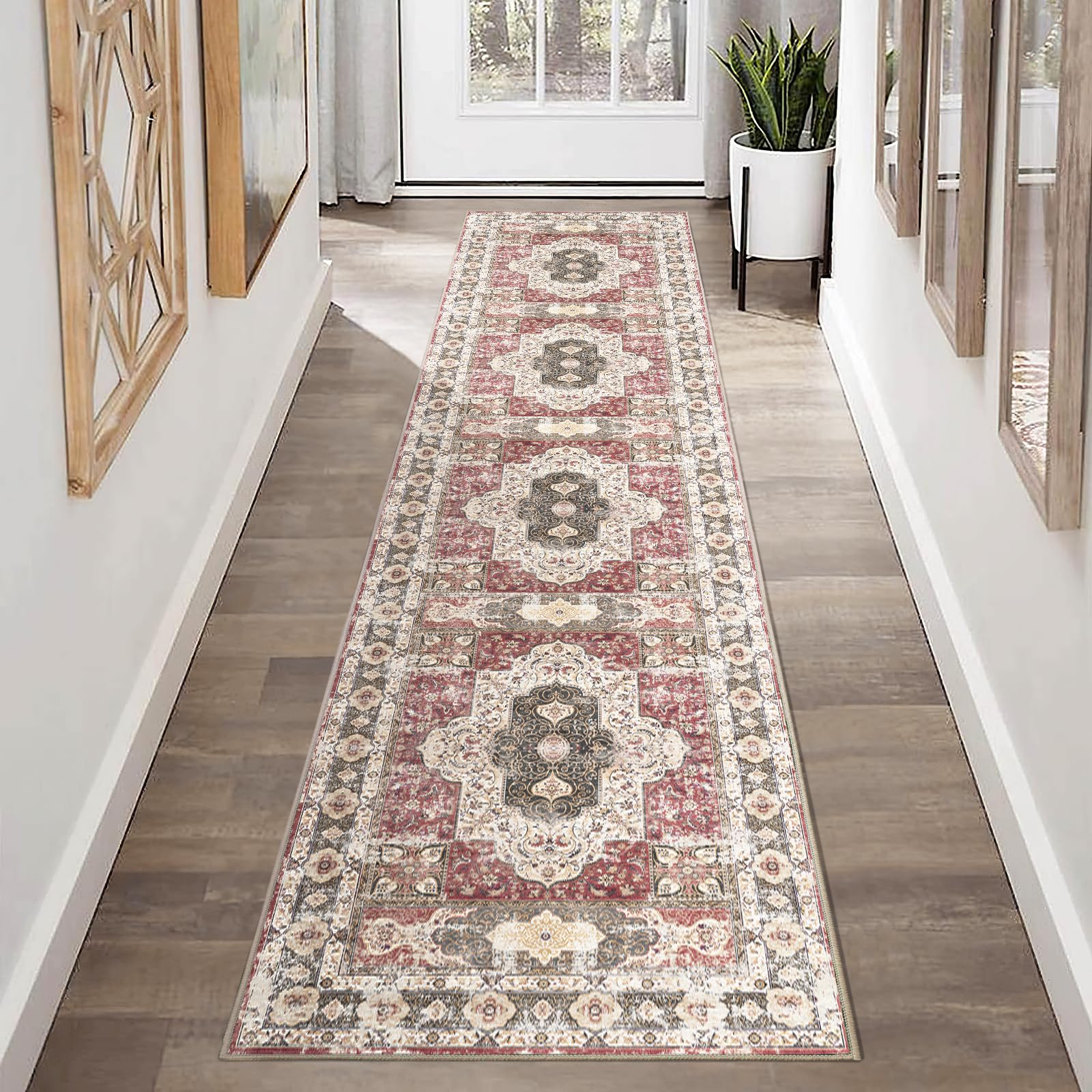 BESTSWEETIE 2x10 Runner Rug Washable Runner Rugs Non Slip Print Runner Carpet No Pile Area Rug for Living Room Entryway Hallway Bedroom Kitchen Red