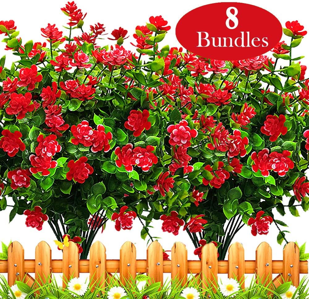 8 Bundles Artificial Outdoors Flowers (Red-Eucalyptus)