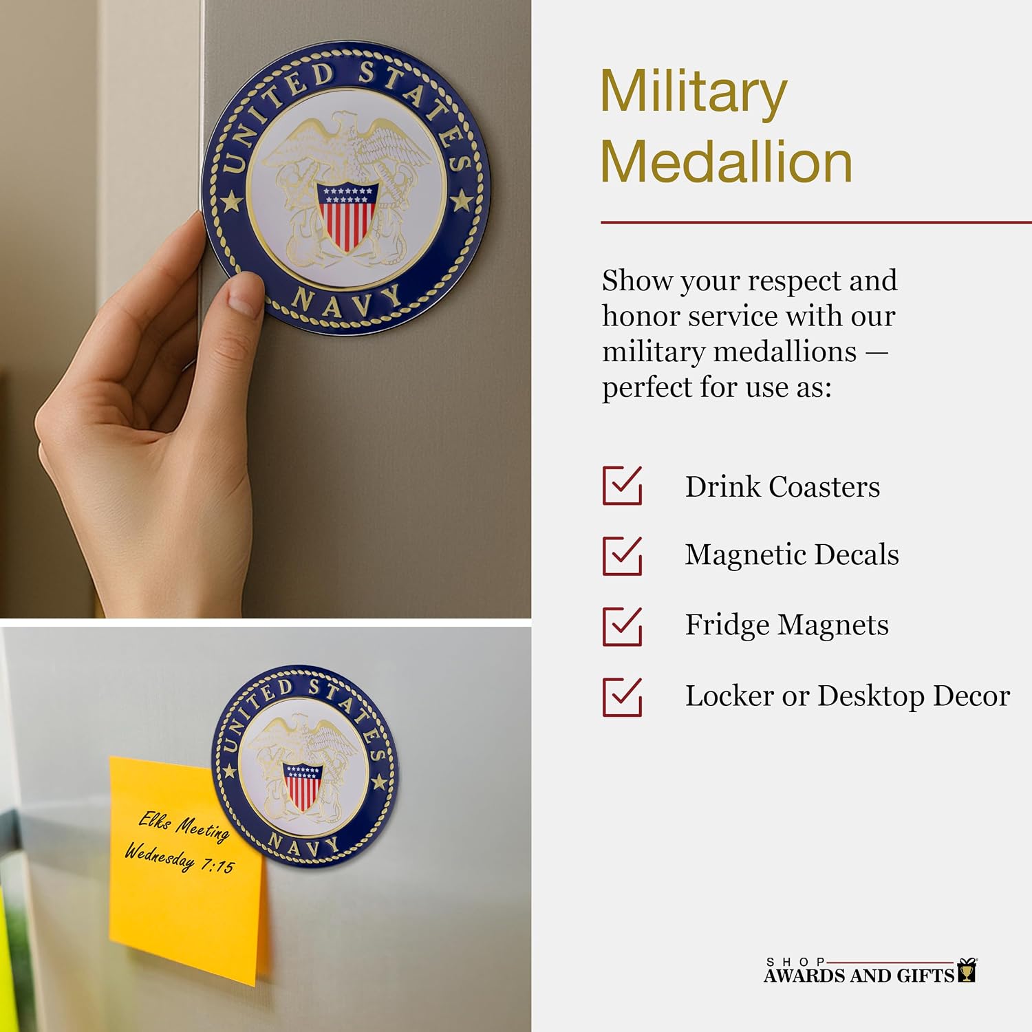SHOP AWARDS AND GIFTS 4 Inch Round United States Military Shield Emblem Single Drink Cup Coaster, Metal Magnetic Decal Disc, 1 Pack, Navy