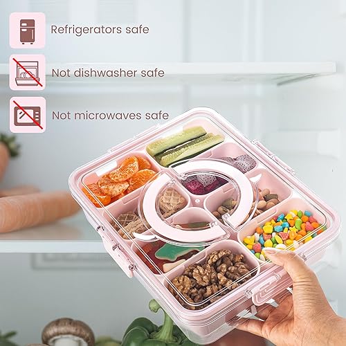 Miniatura 7 de Bandeja dividida para servir con tapa y asa - Snackle Box Contenedor de charcutería para bandejas de aperitivos portátiles, organizador para dulces