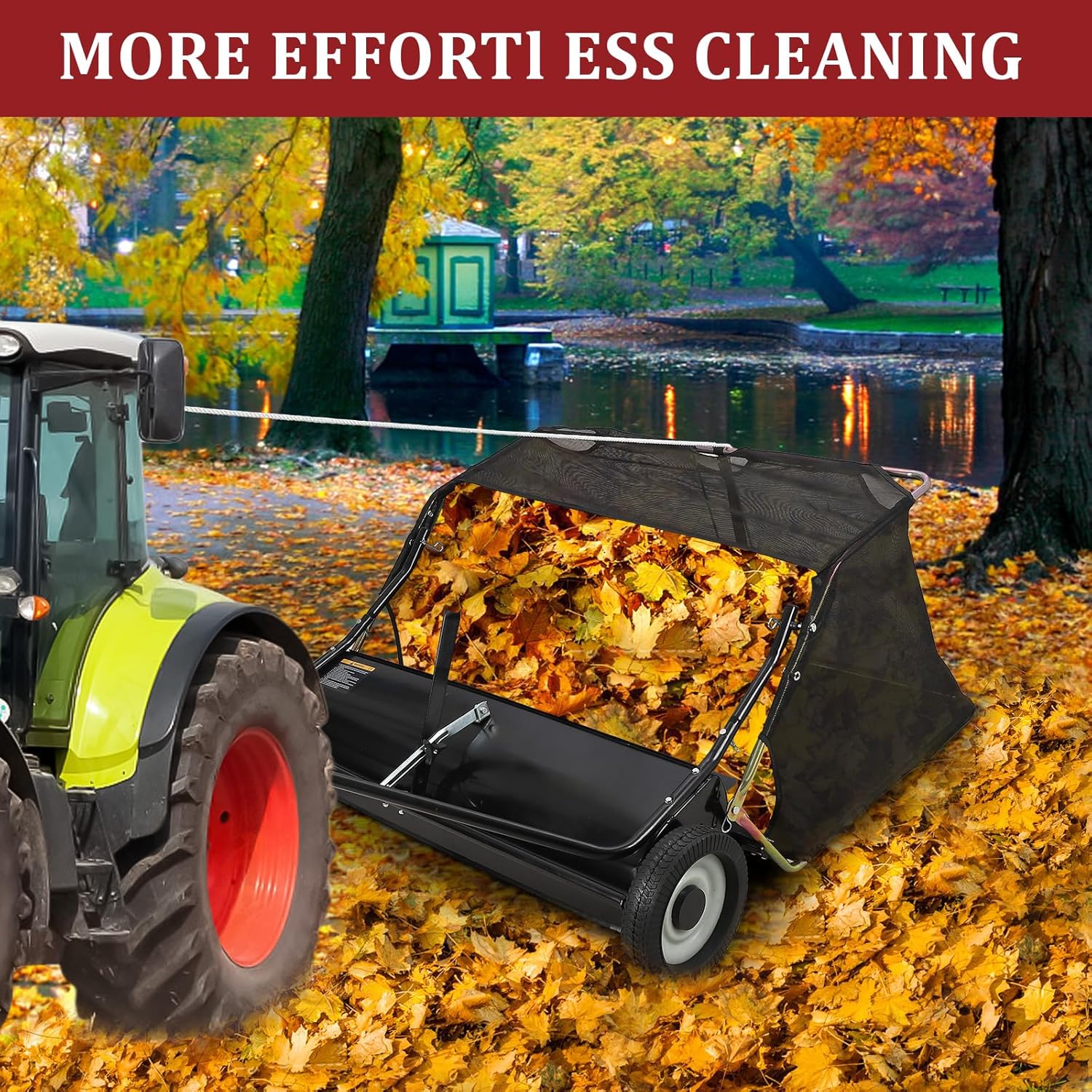 Tow Behind Lawn Sweeper 48 Inch, 26 Cu. Ft Large Capacity Heavy Duty Leaf & Grass Collector with Adjustable Sweeping Height, Dumping Rope Design for Picking Up Debris and Grass