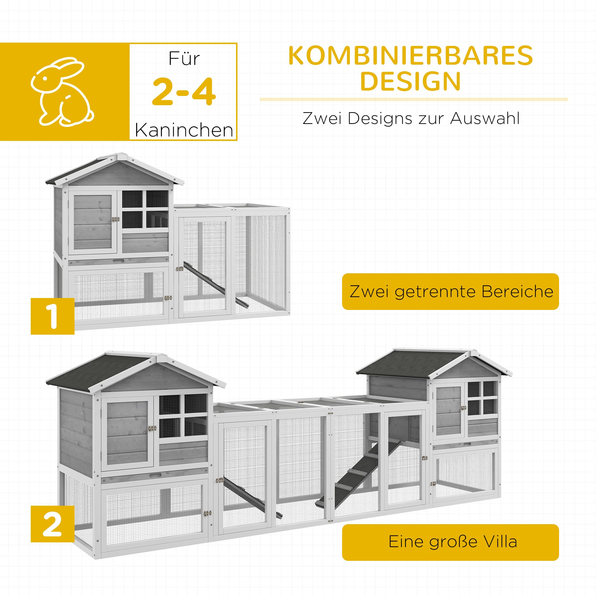 PawHut Hasenstall 2 Etagen Kaninchenstall aus Holz 259 x 64 x 92 cm Kaninchenkäfig mit Bitumendach, Freilaufgehege, Rampe, verschließbare Türen, Hasenkäfig für Kaninchen, Meerschweinchen Outdoor Grau
