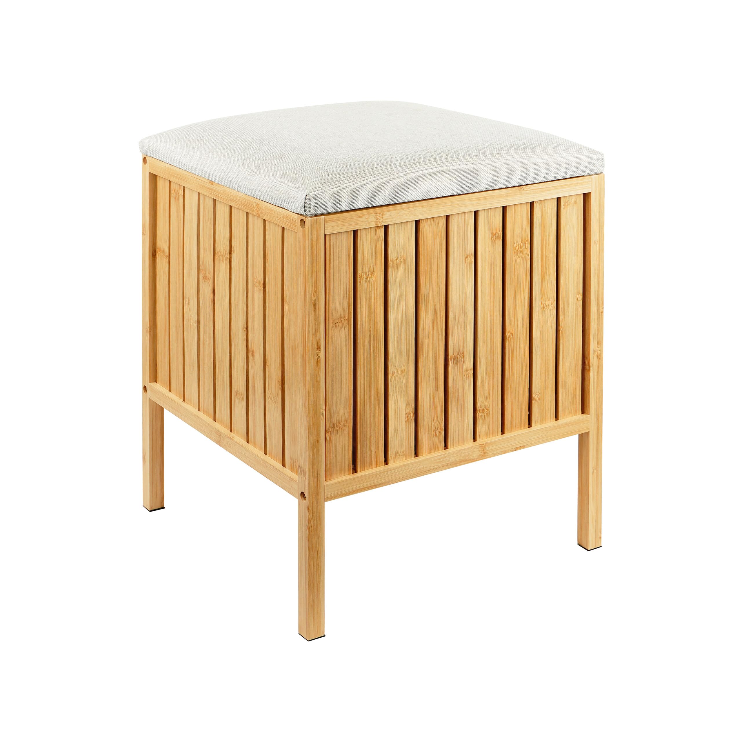 Relaxdays Wäschekorb zum Sitzen, Bambus, gepolsterter Deckel, HBT: 52 x 39 x 39 cm, Badhocker mit Stauraum, Natur/Creme
