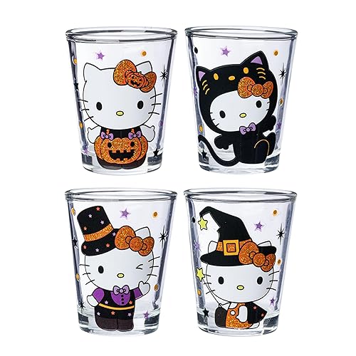 Silver Buffalo Sanrio Hello Kitty Halloween Spooky Costumes Glitter 4 Pack Mini Glass Set, 1.5 Ounces - Hello Kitty Glitter Halloween Costumes
