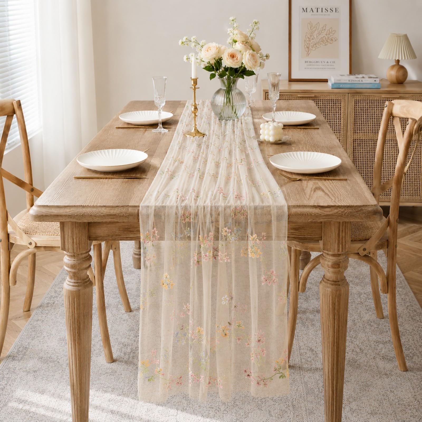 28 × 120 Inch Embroidered Floral Table Runner – Sheer Gauze Wildflower Daisy Table Runner for Wedding Bridal Shower Baby Shower Birthday Spring Farmhouse Dining Table Decorations