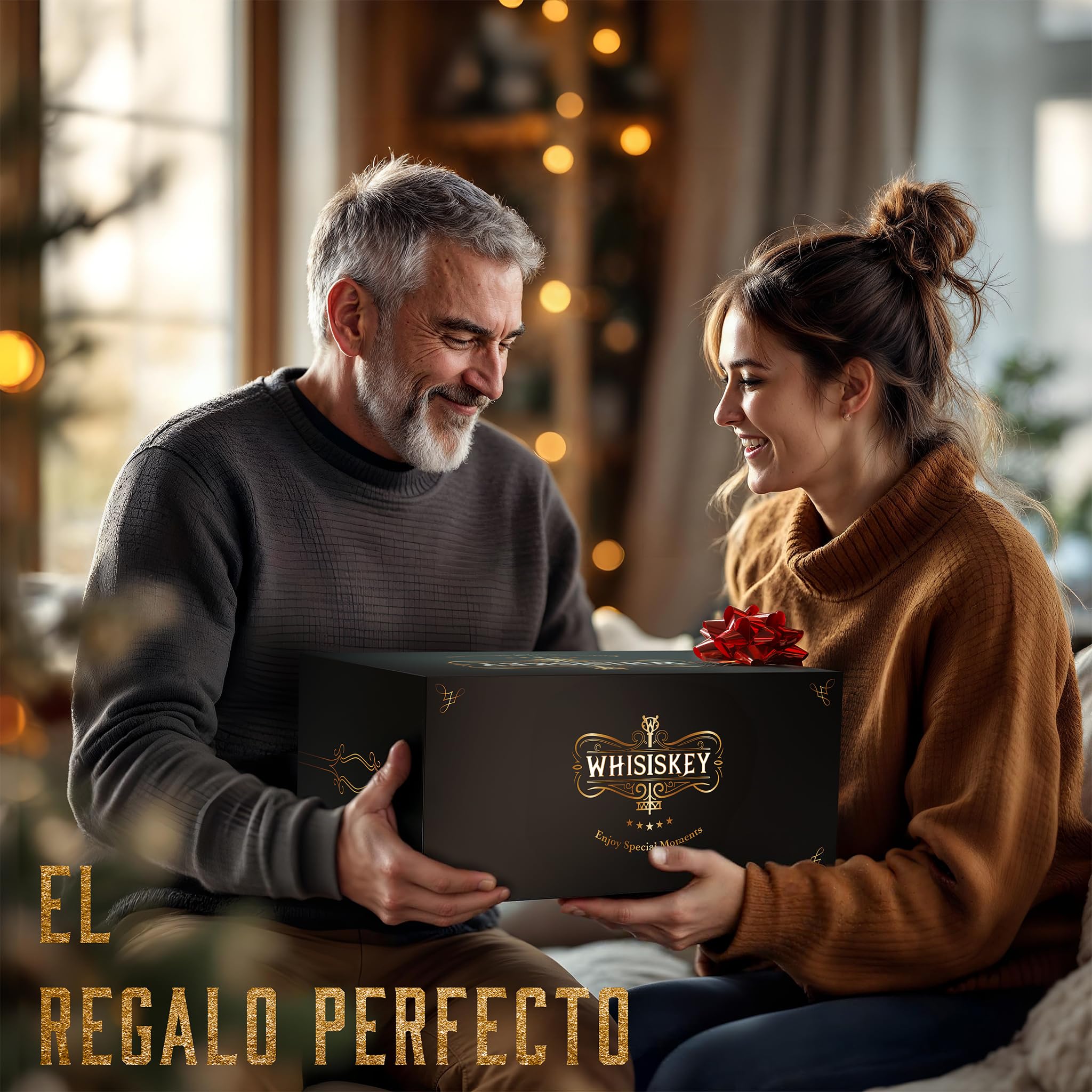 WHISISKEY Decantador de Whisky - Jarra de whisky - Decantador 1100ml - Set de Regalo de Whisky - Regalos Originales para Hombres - 4 Vasos de Whiskey x 285ML, 4 Piedras de Whisky, Accesorios