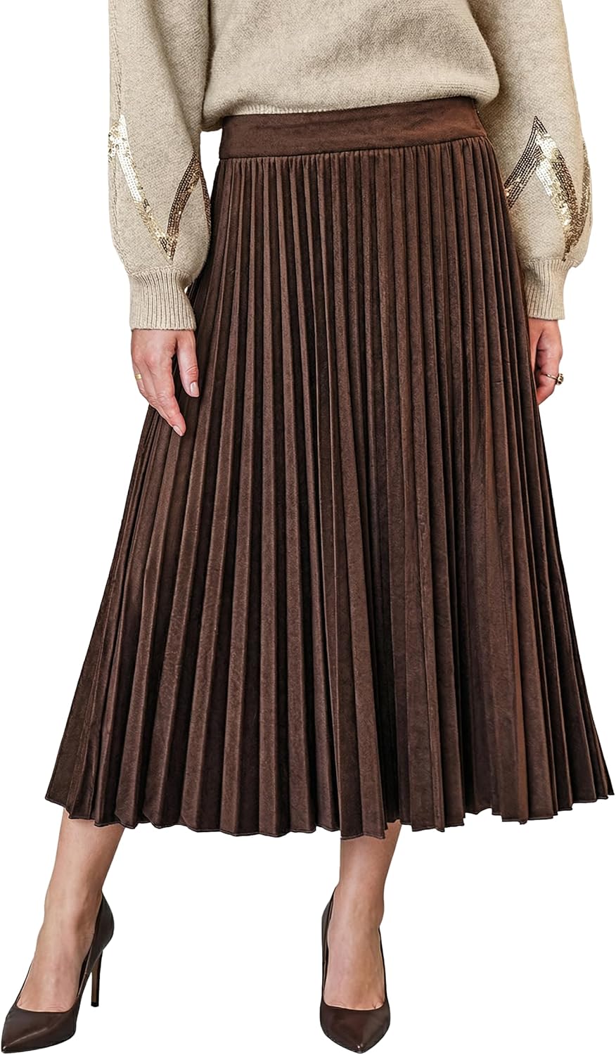 CUPSHE Women's Pleated Midi Skirts Dressy A Line Velvet High Waist Long Skirt