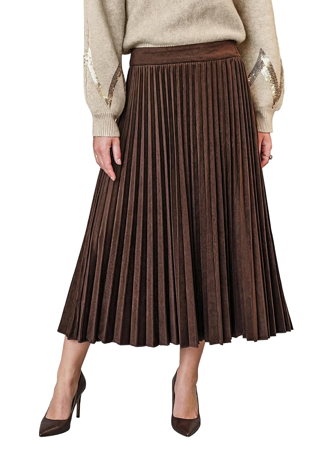 CUPSHE Womens Pleated Midi Skirts Dressy A Line Velvet High Waist Long Skirt