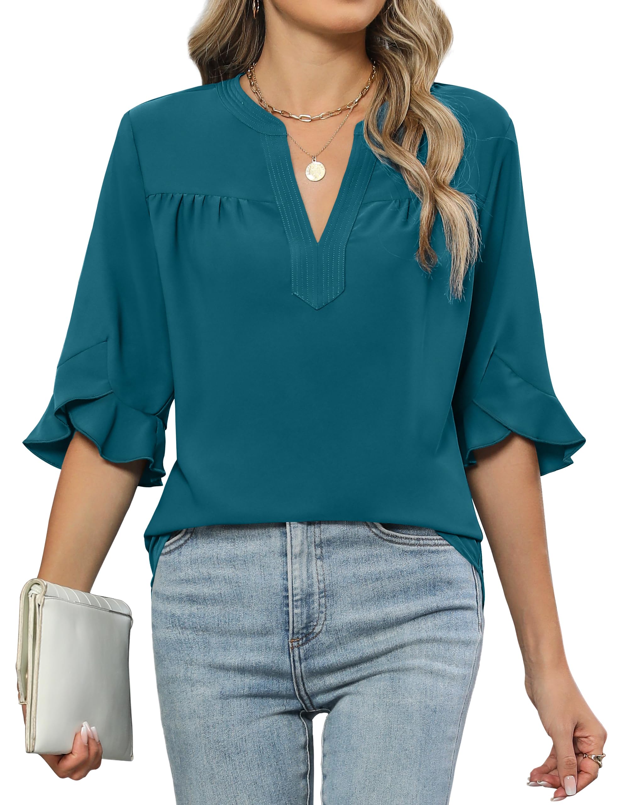 Blooming Jelly Women's Dressy Casual Blouses Business Work Tops Summer Tunic 3/4 Length Sleeve V Neck Shirts Trend Outfits