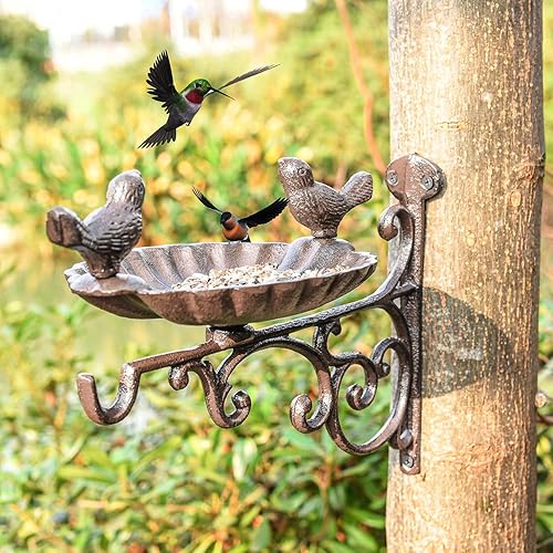 Miniatura 2 de Sungmor Comedero para pájaros de hierro fundido resistente con soporte para colgar, baño de pájaros montado en la pared, gancho de pared vintage y