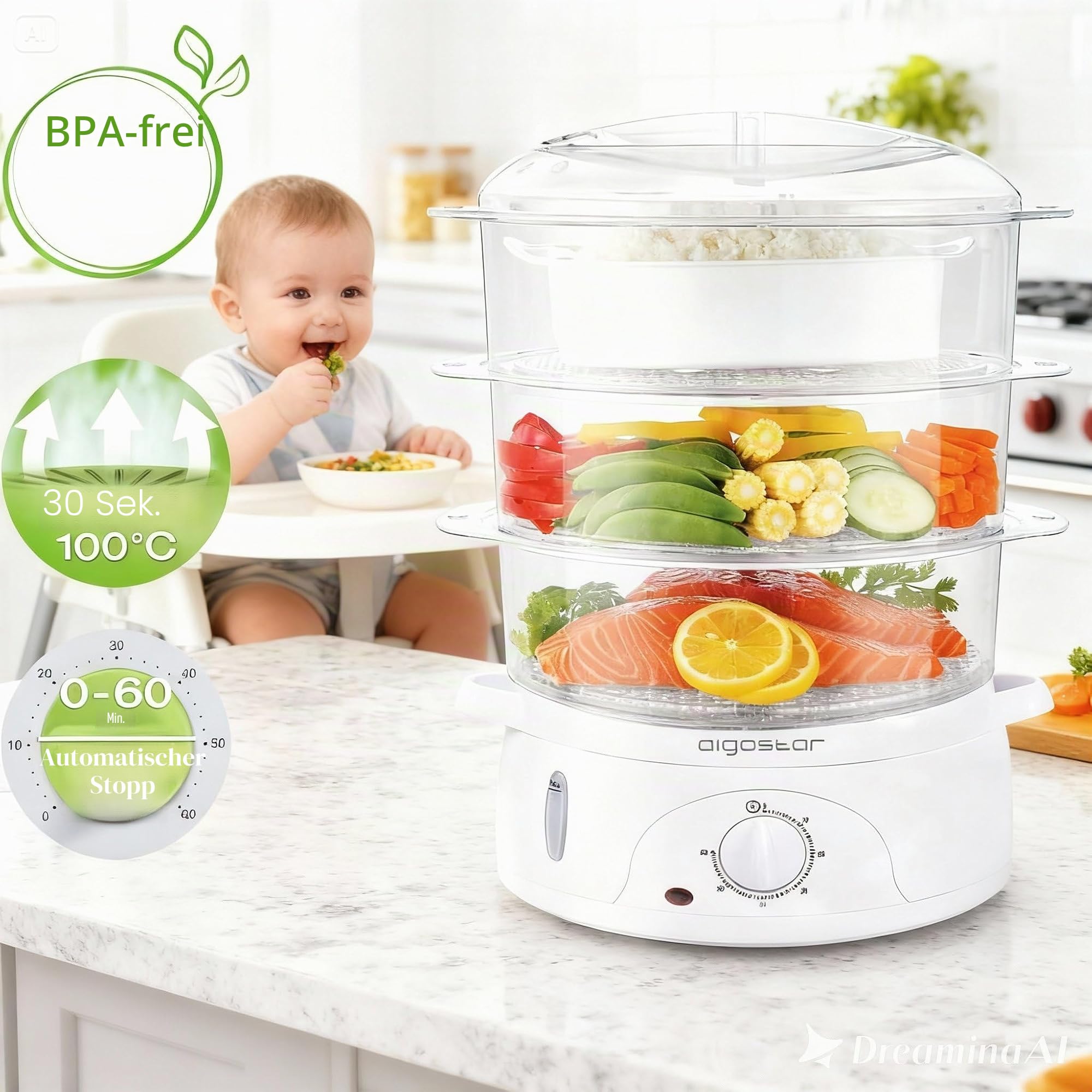 Aigostar Dampfgarer mit Timer 9L, 3-Etagen Stapelkörbe (800W, BPA frei) .EINWEGVERPACKUNG