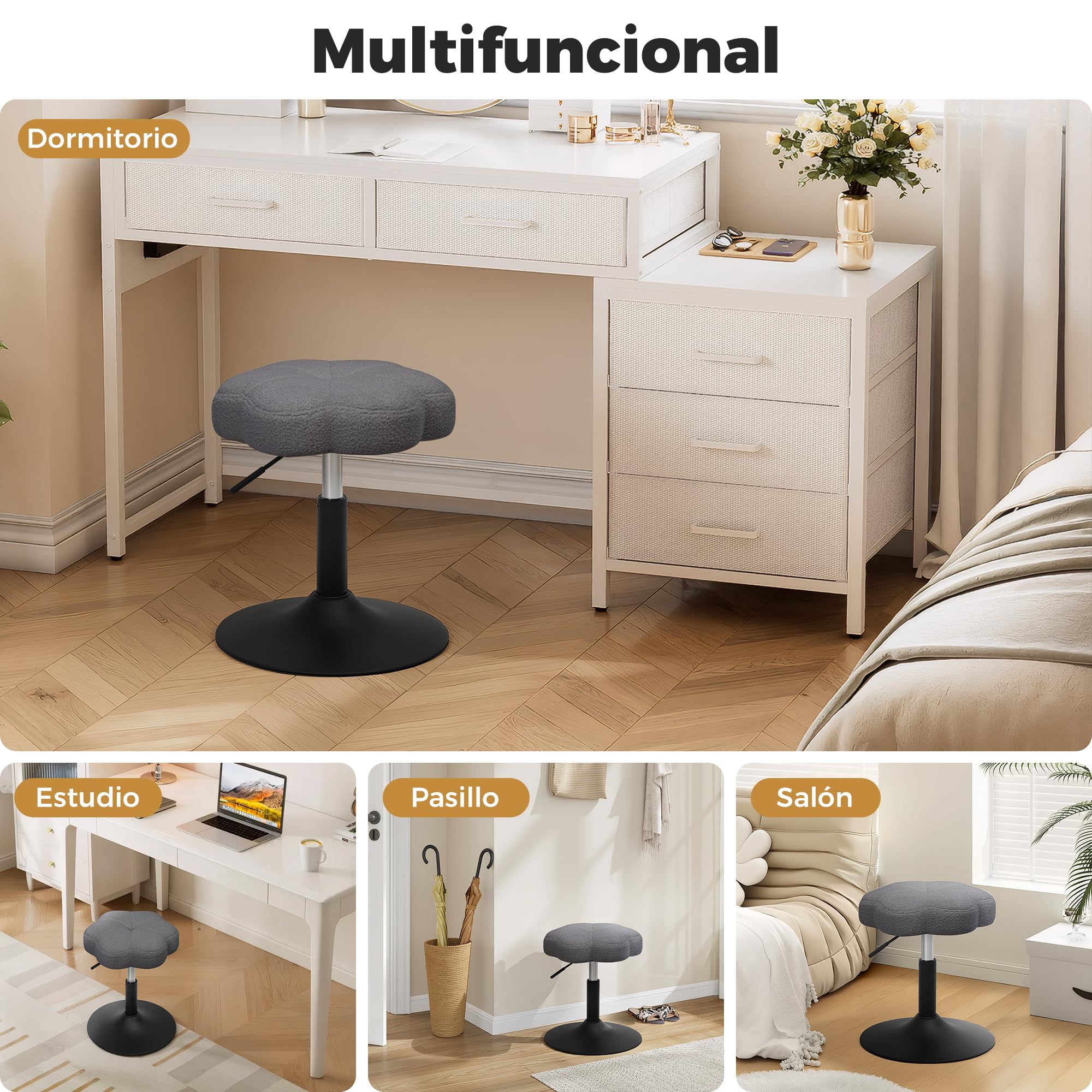 ELUCHANG Taburete de Tocador en Forma de Pétalo, Silla Tocador Maquillaje para Dormitorio - Altura Ajustable 40-52cm, Giratorio 360°, Tejido Sherpa Transpirable Gris