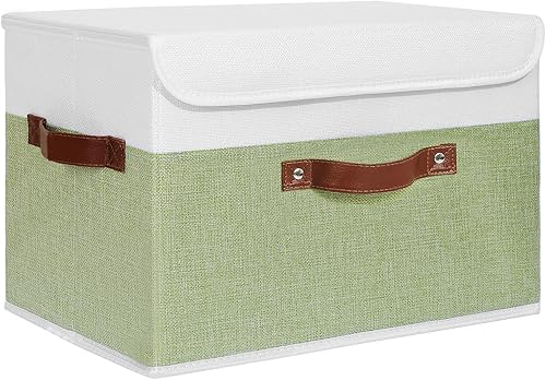 ANMINY Cajas de almacenamiento con tapas, cestas de almacenamiento decorativas lavables con mango de cuero PU, cubos de almacenamiento plegables de