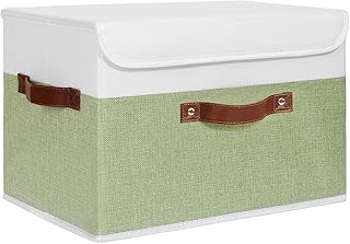ANMINY Fabric Storage Box Bins with Lids, Green White, 15"x10"x10" | Keepsake Memory Storage, Cotton Linen, PP Board Reinforced, Washable, PU Handles, Foldable & Stackable, Decorative, Large