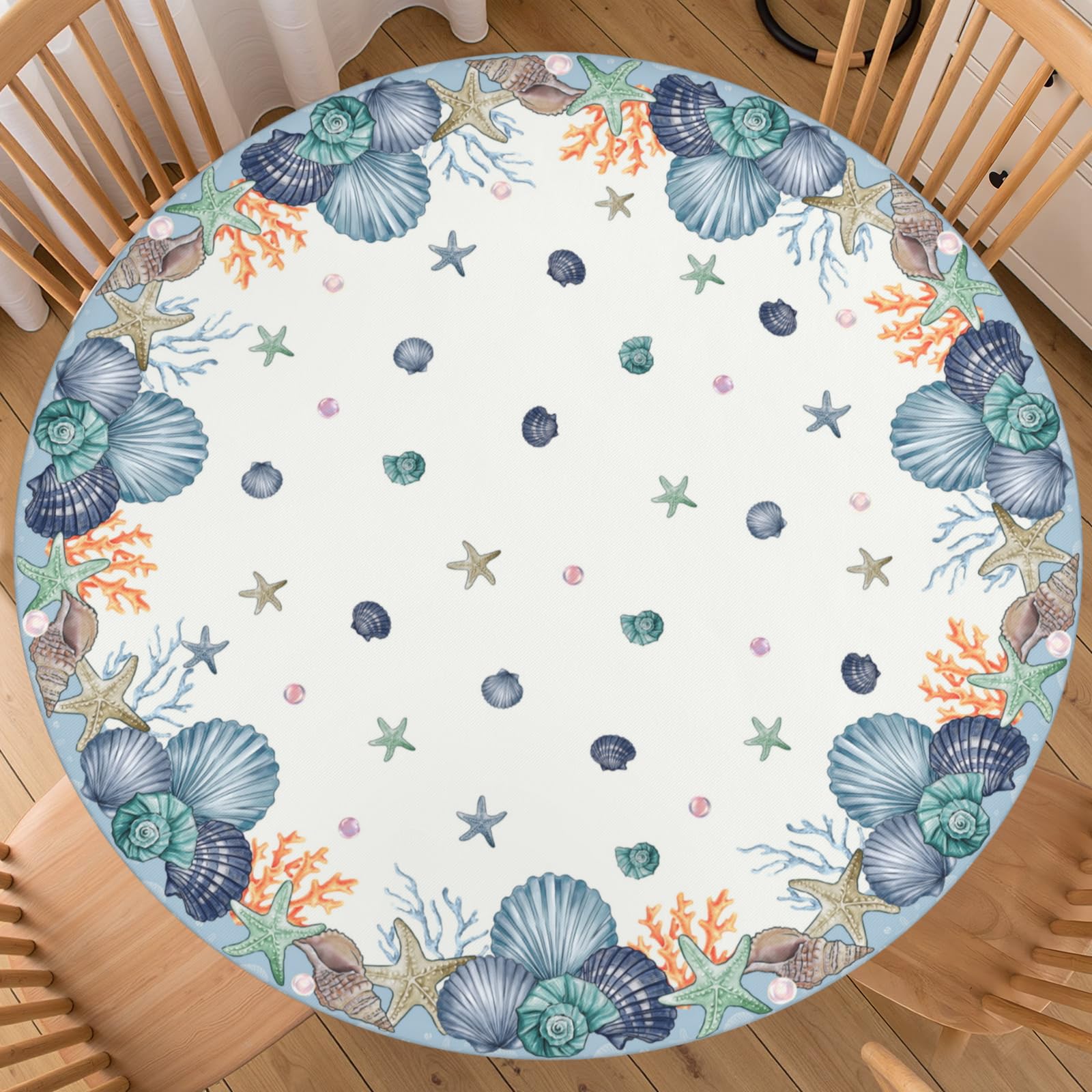 FJQWKLF Summer Nautical Coastal Round Fitted Tablecloth with Elastic Edge 56-60 Inch Coral Shells Starfish Table Cover Blue Table Cloth for Kitchen Dining Decor