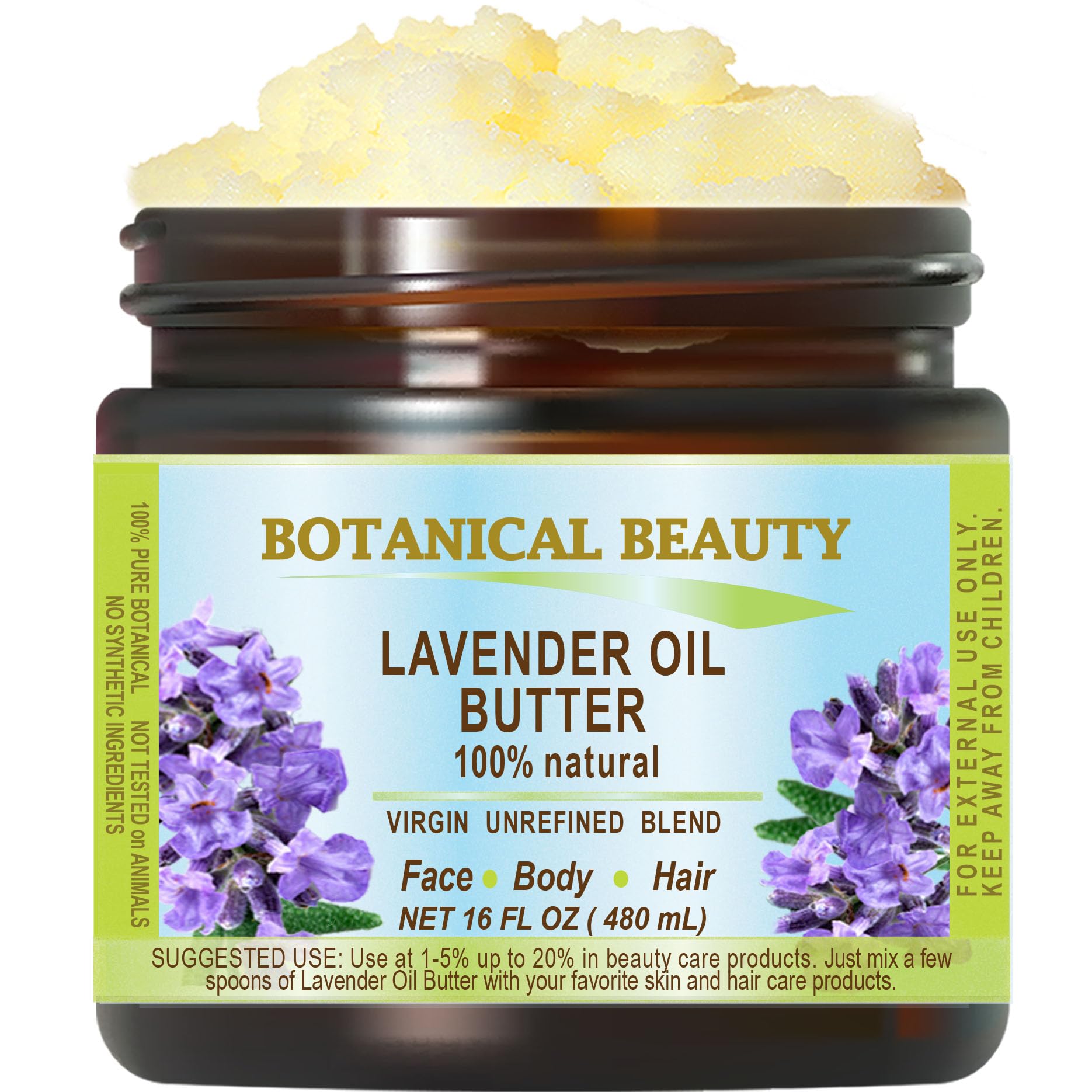 Botanical Beauty LAVENDER OIL BUTTER 100% Natural 16 Fl.oz.- 480 ml. Lavender Essential Oil in Shea Nut Butter for FACE, SKIN, BODY, HAIR, NAILS. Beauty Skin Moisturizer Oil Butter.