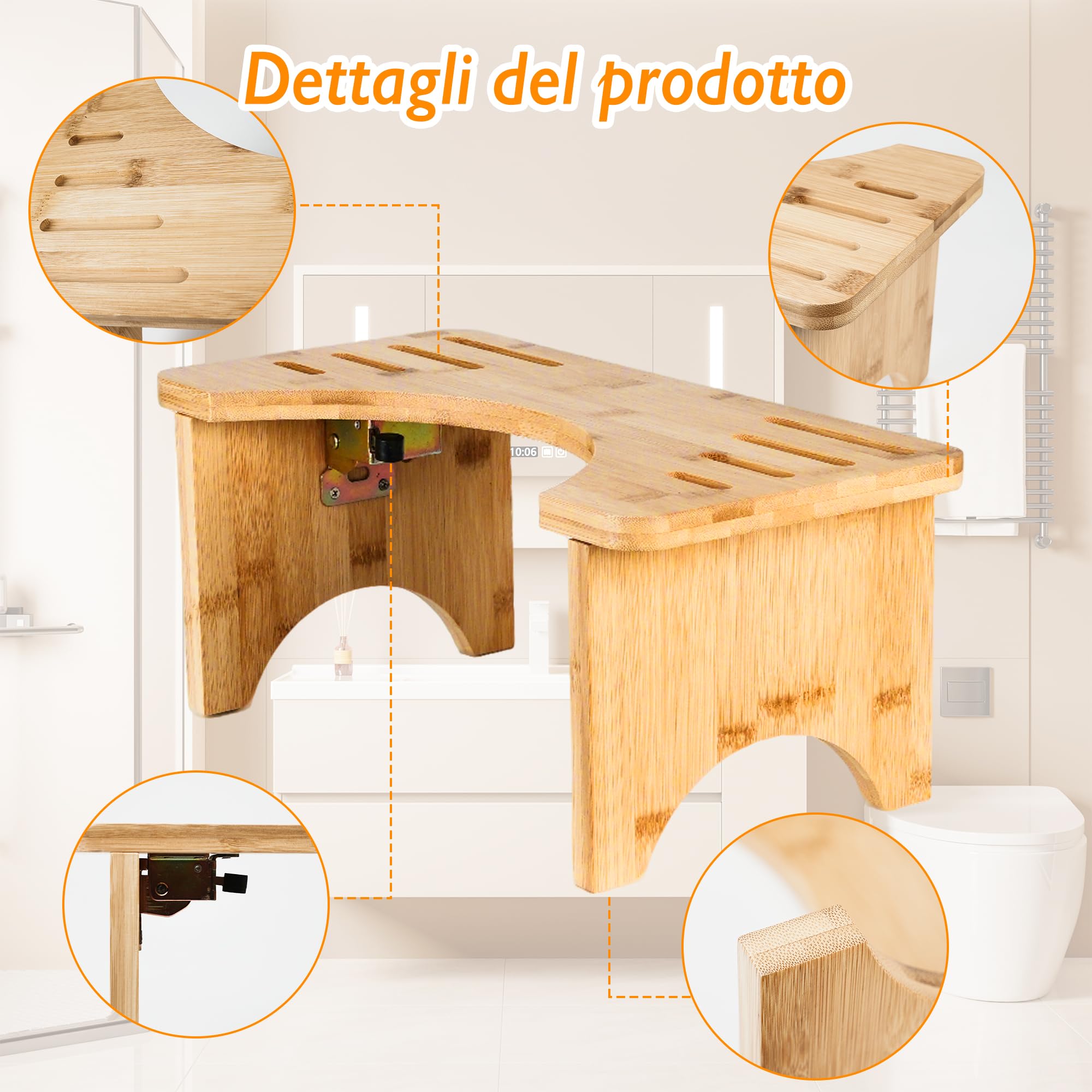 Sgabello da toilette in bambù pieghevole, gradini in legno fisiologico, piedi per WC naturale per salute del colon, costipazione e emorroidi