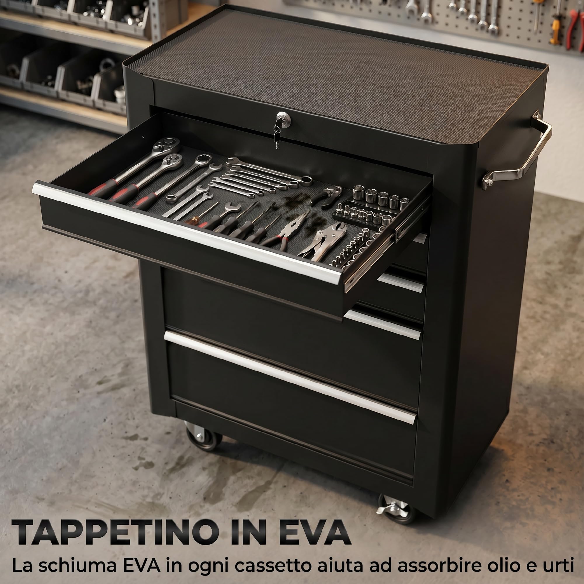 HOMCOM Carrello Porta Utensili con Cassettiera con Cassettiera Nero | Attrezzatura, 61.5x33x82.5cm
